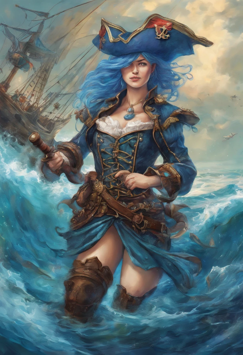 "(best quality,highres,ultra-detailed),epic portrait of a blue-haired pirate woman in leather armor, wielding a medieval pistol and sword, RPG-style, illustration,detailed portrait,colorful,adventurous,mythical creatures,single character,medium:oil painting,windswept hair,heroic pose,mysterious atmosphere,dramatic lighting,sunken treasure,stormy sea,pirate ship on the horizon,contrasting colors,gritty texture,ancient map background"
