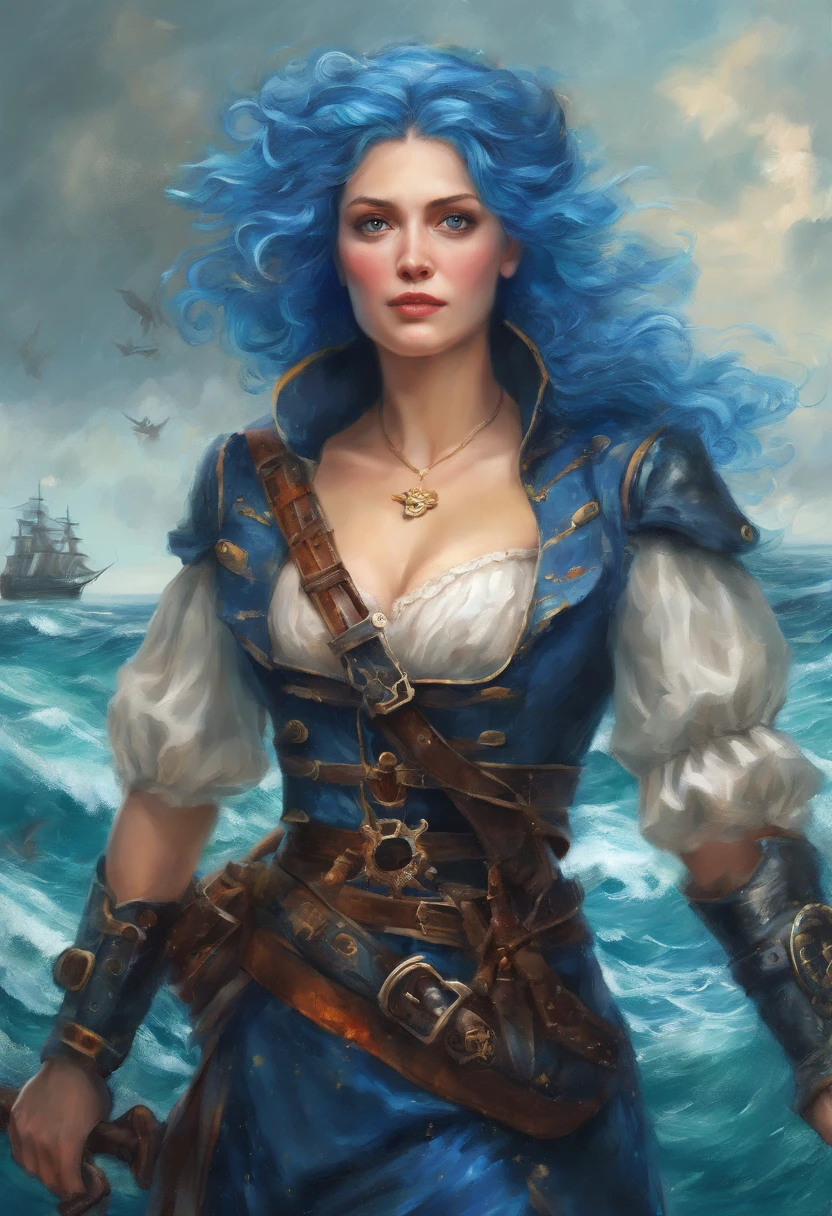 "(best quality,highres,ultra-detailed),epic portrait of a blue-haired pirate woman in leather armor, wielding a medieval pistol and sword, RPG-style, illustration,detailed portrait,colorful,adventurous,mythical creatures,single character,medium:oil painting,windswept hair,heroic pose,mysterious atmosphere,dramatic lighting,sunken treasure,stormy sea,pirate ship on the horizon,contrasting colors,gritty texture,ancient map background"