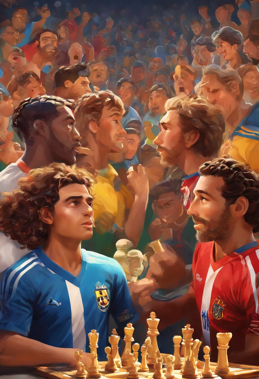 (best quality,4k,8k,highres,masterpiece:1.2),ultra-detailed,professional,mesmerizing portraits,football legends,striking realism,chess board,imaginative concept,strong rivalry,Messi and Ronaldo playing chess,meticulous details in their faces and expressions,contemplative atmosphere,engrossing competition between two icons,colorful jerseys contrasting with the chess board,powerful presence in their postures,determined focus in their eyes,strong emotions conveyed through their expressions,attention to their iconic hairstyles,impressive rendering of their football skills,background with a stadium filled with cheering fans,dramatic lighting highlighting the intensity of the match,perfect balance of light and shadows,rich and vibrant colors,exquisite blending of fantasy and reality,artistic interpretation of the football legends' intellectual prowess and strategic thinking,captivating composition,prominent use of perspective to enhance the depth of the scene,spectacular attention to texture and materiality,impressive use of bokeh to draw attention to the main subjects,admirable incorporation of symbolism to represent their respective football careers,awe-inspiring portrayal of the harmonious coexistence of sports and intellect.