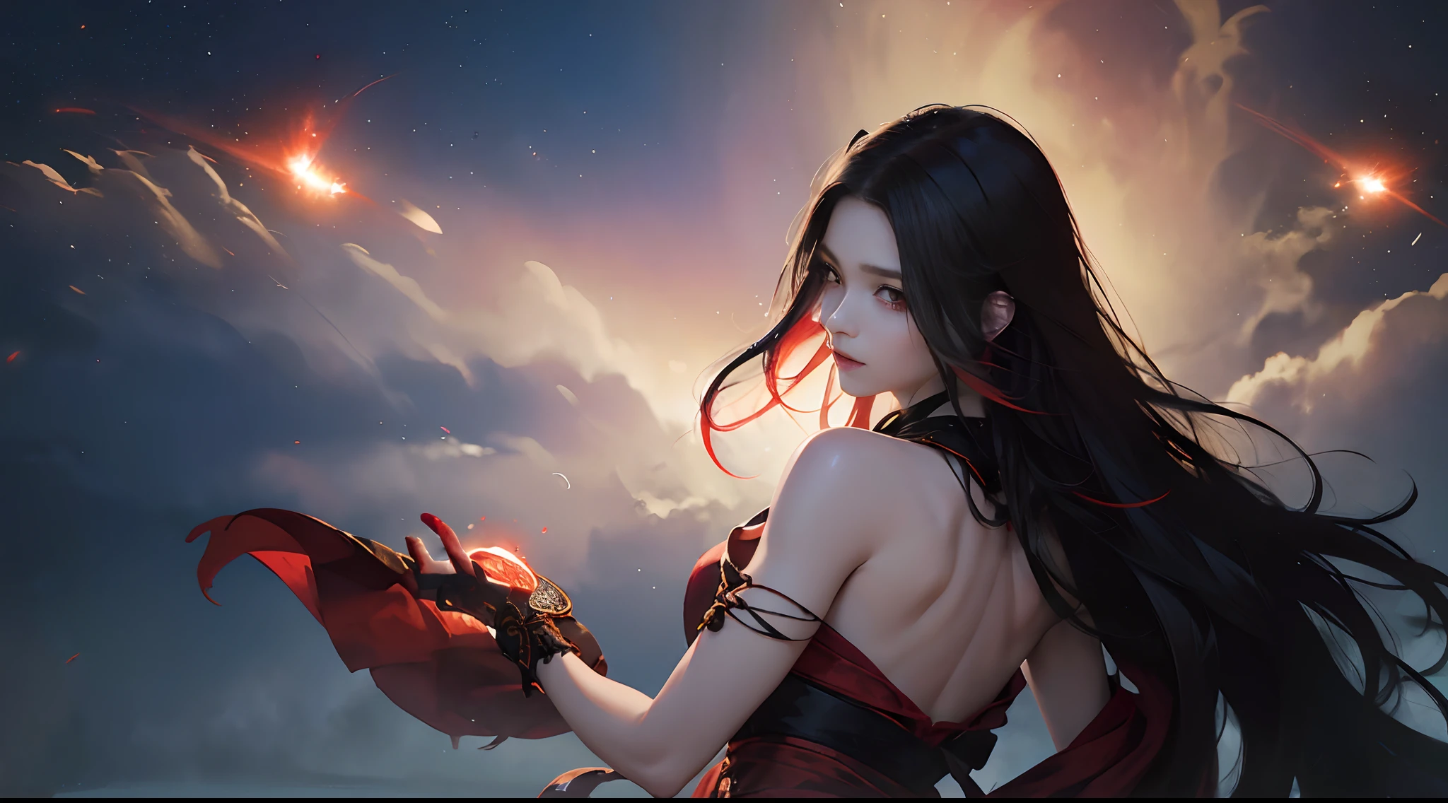 ((Best Quality,4K,High resolution), 18yo woman, Red highlights on black hair, Long straight hair with red highlights on black hair，(Best Quality,4K,High resolution),sharp eye，Red glowing eyes，Facial expression enhancement，Delicate illustrations drawn in detail，Intricately decorated red sleeveless long、robe，long hair flowing with the wind，robes flutter in the wind，Realistic portrayal，Vibrant colors，expresive，Classic background(Best Quality,4K,High resolution), Comical appearance，(Best Quality,4K,High resolution)，comic strip，animesque，Deformed cute illustration，Floating in the air，Show your back，Camera angle from behind，Back Style