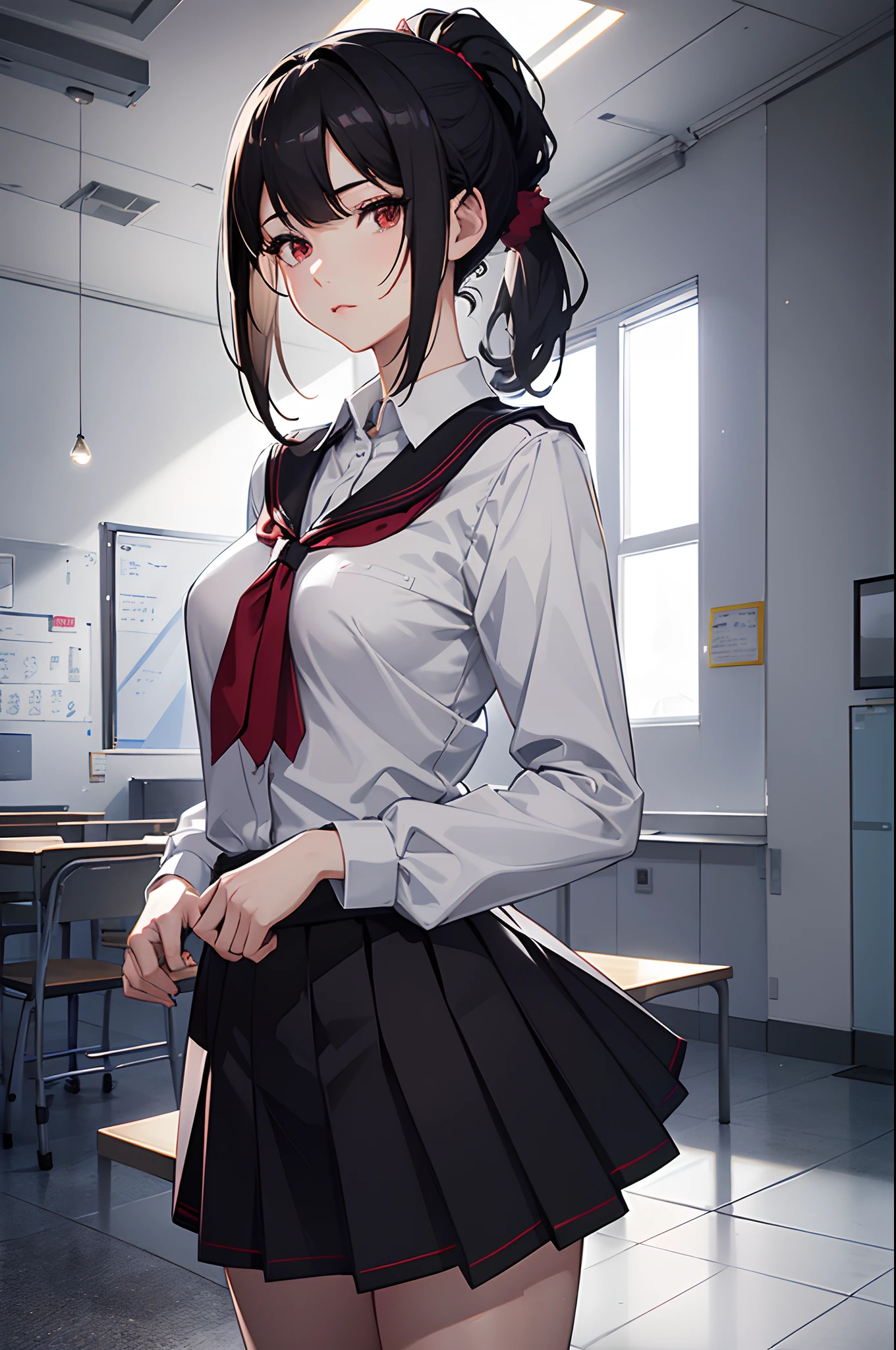 1girl, Beautiful girl, Body length 150 cm, 20 years old, (short hair hair), (Black hair, Ponytail hairstyle) , (red eyes), realistic eyes, beautiful and sharp eyes), School uniform clothes, small breasts, (8k wallpaper), (Classroom background) 8k, Quilty Altitude, Realistic, Beautiful realism, outstanding detail, RAW photo, Realistic clothes, Black hair, realistic hair, realistic eyes, Light and cool lighting, realistic photo, Cel shaded, Gel lighting, ultra-detail, ((anime style))