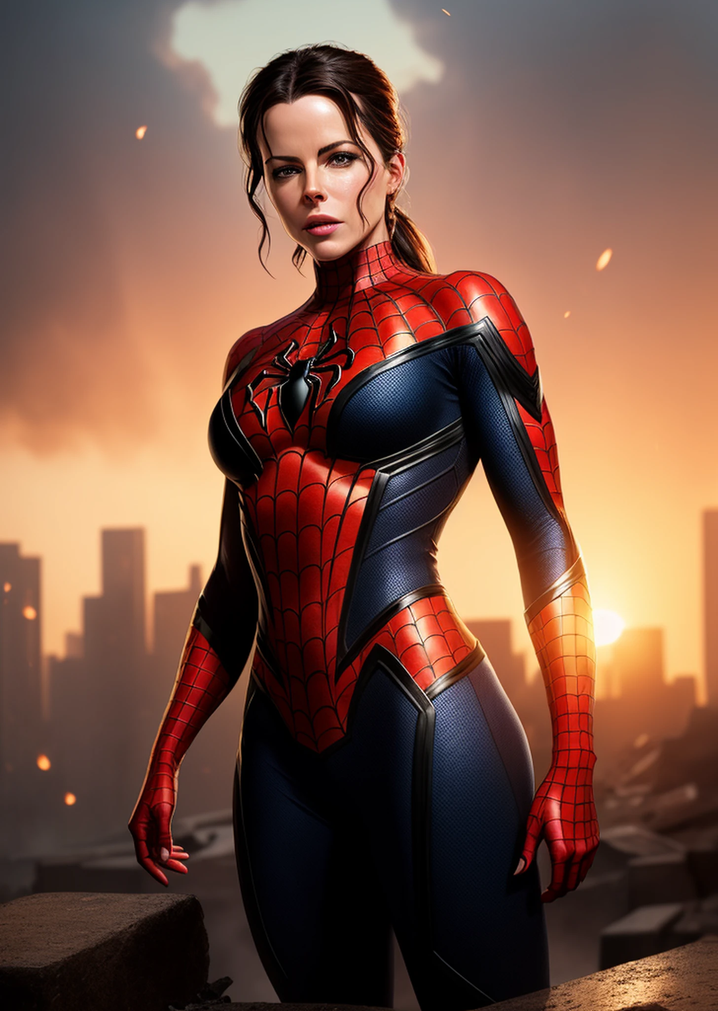 Closeup fullbody portrait of teeny female Spiderman, gnger short hair, city, intricate background, atmospheric scene, masterpiece, best quality, (detailed beautiful face, detail skin texture, ultra-detailed body:1.1), fantasy, feminine+, shiny wet skin, looking at viewer, modelshoot style, (extremely detailed CG), photo of beautiful artwork, High Detail, Sharp focus, dramatic+, (photorealistic), Intricate, handsome,