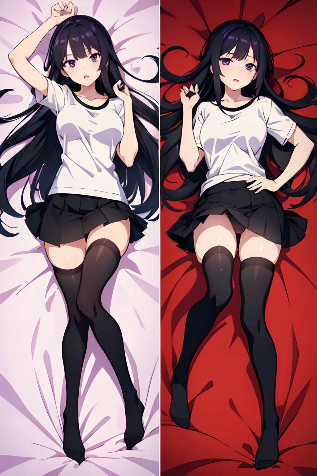 (masterpiece, best quality,) anime screencap, 1girl, black hair, medium-long hair, purple eyes, white t shirt sleeves, black skirt, medium breasts, embarassed, opened mouth, dakimakura 2 images, full body