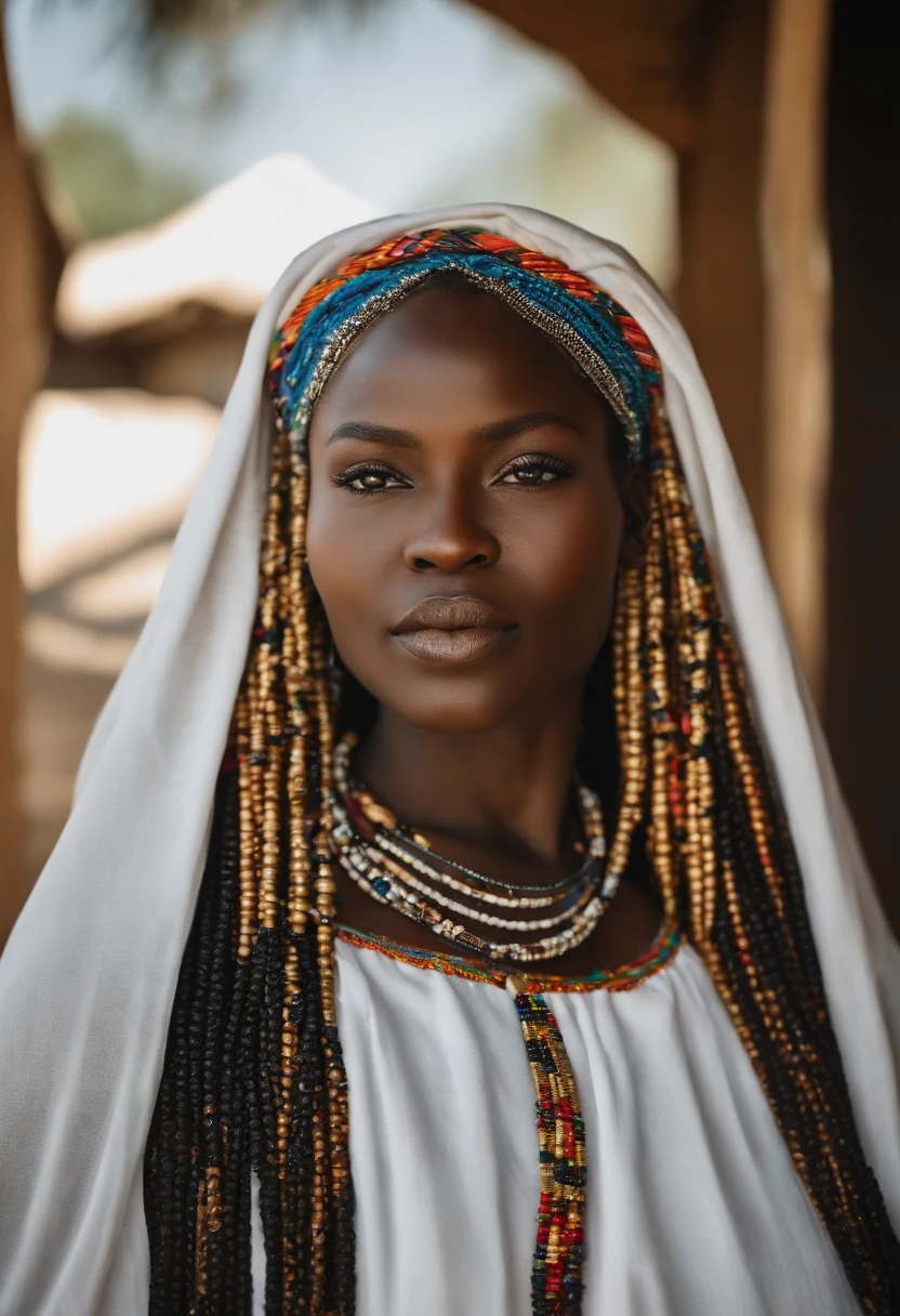 Senegalese Fulani woman wearing a large white boubou with a beautiful African braid hairstyle