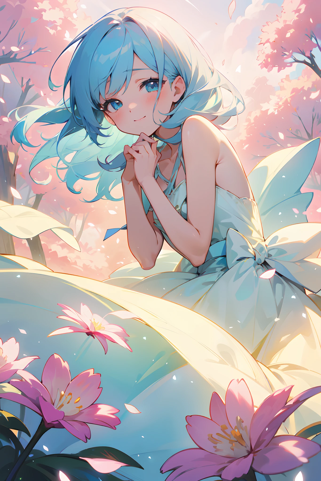 (Best Quality, 8K, masutepiece:1.2, NSFW ),Cutest,Cute Girl,mesugaki,Beautiful face,Beautiful eyes,Beautiful hair, Light blue hair,A lot of colorful flowers,soft sunlight,Vivid colors,Sparkling petals,flying butterflies,Nice dress,Innocent smile,playful pose,Atmosphere of bliss,Calm background,dreamy ambiance,Lively atmosphere,sparkling dew,Joyful expression,enchanting charm,magical garden,PastelColors,gentle wind,Dainty features,Delicate petals,Adorable beauty,Fascinating landscapes.