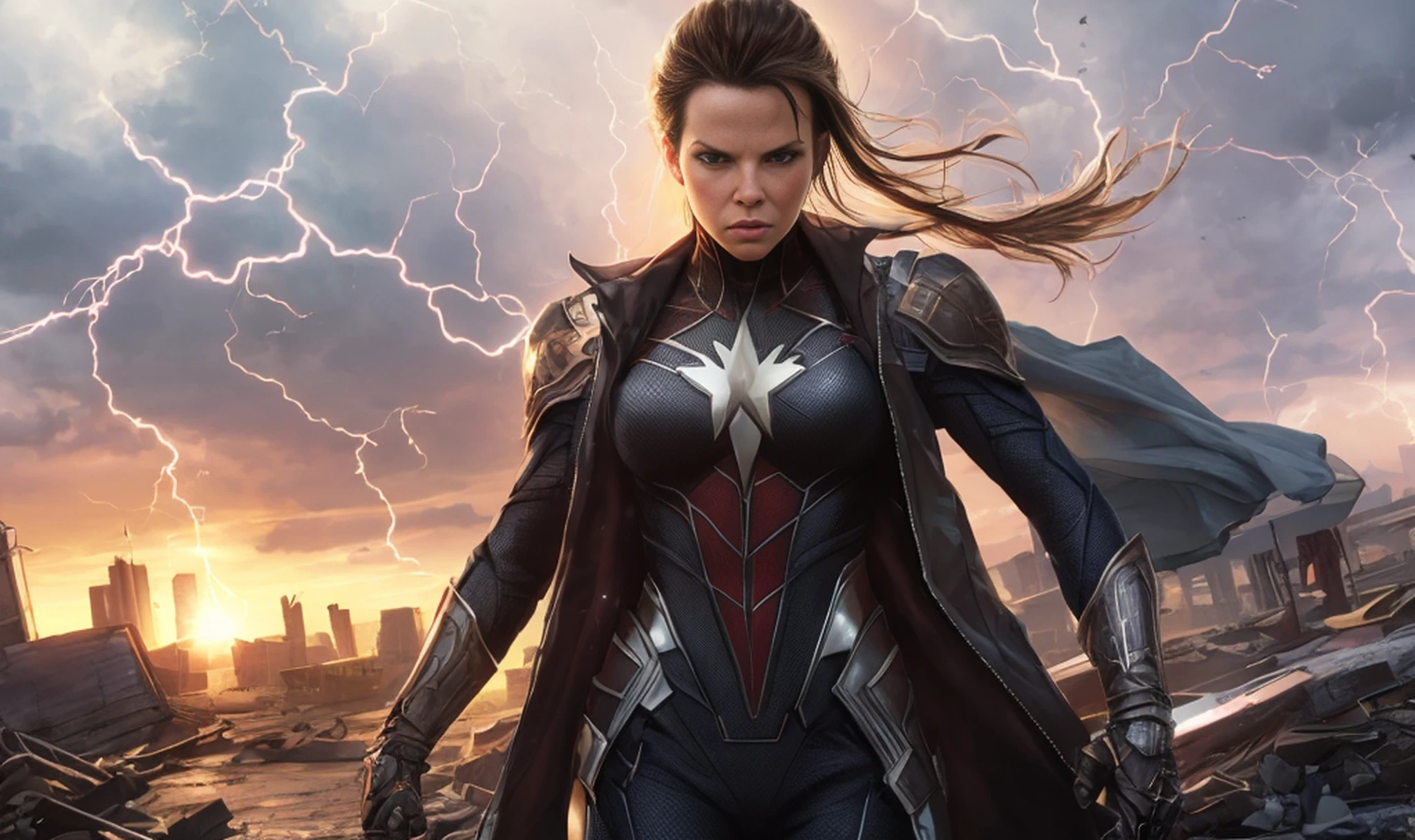 Kate Beckinsale in blue Spider-Man costume, photo of sassy woman with angry look, large breasts, superhero pose, standing in ruined city at sunset, hyper-detailed, (8k), realistic, symmetrical, award-winning, cinematic lightning, soaked, film, 75mm, scratches, full body shot, close-up, torn and dirty clothes, detailed face, --auto