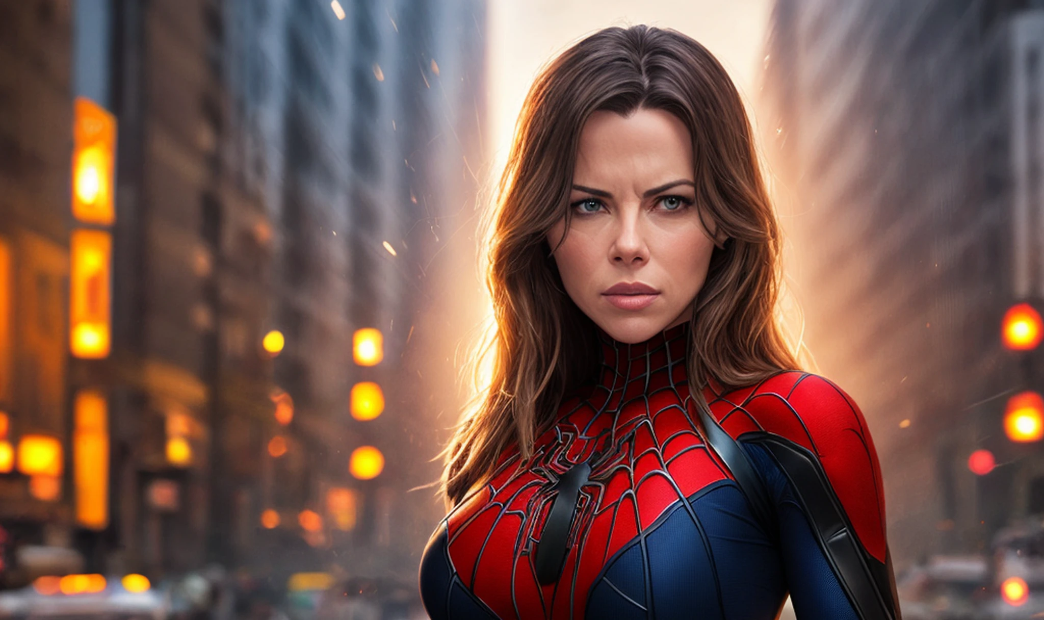 Kate Beckinsale in blue Spider-Man costume, photo of sassy woman with angry look, large breasts, superhero pose, standing in ruined city at sunset, hyper-detailed, (8k), realistic, symmetrical, award-winning, cinematic lightning, soaked, film, 75mm, scratches, full body shot, close-up, torn and dirty clothes, detailed face, --auto