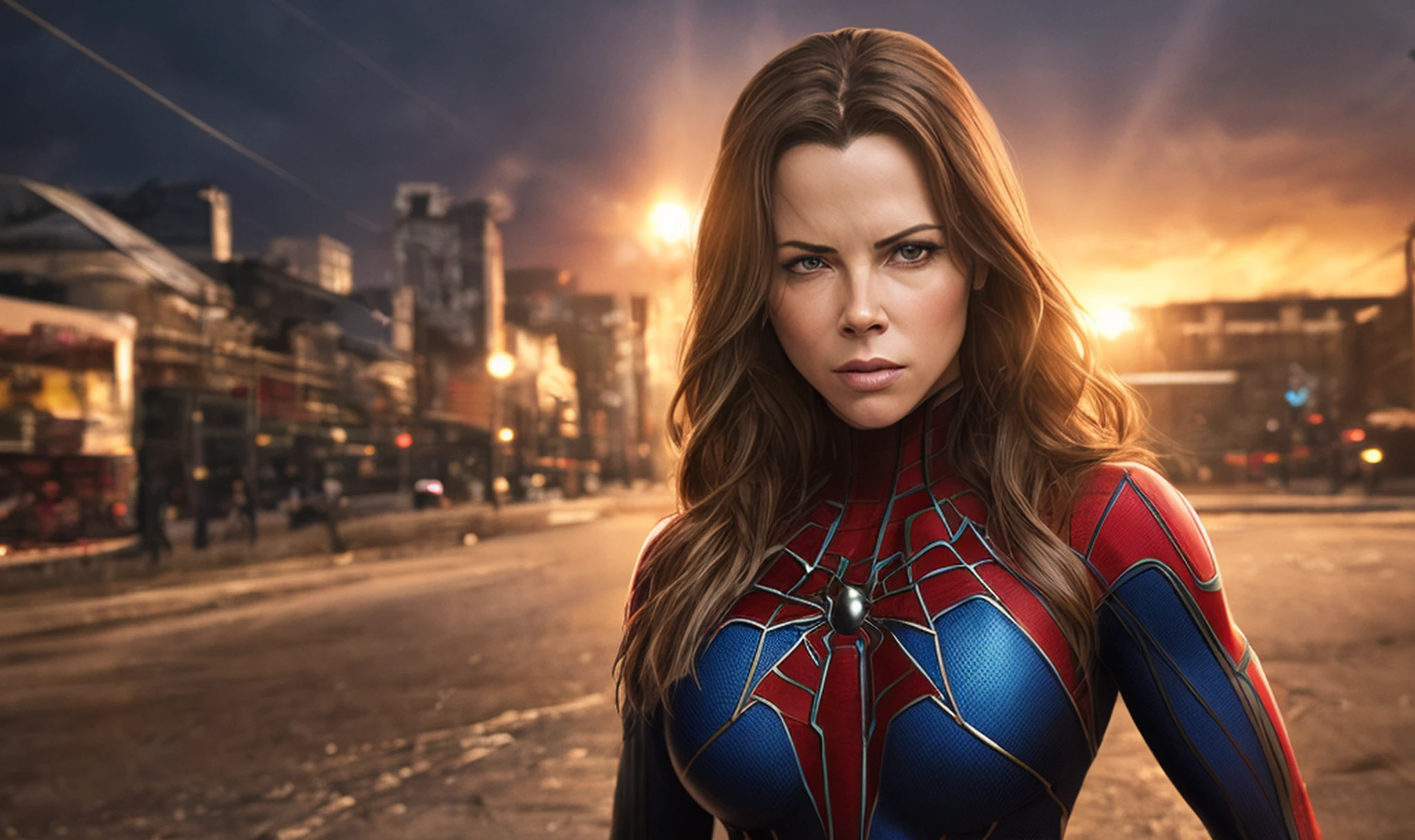Kate Beckinsale in blue Spider-Man costume, photo of sassy woman with angry look, large breasts, superhero pose, standing in ruined city at sunset, hyper-detailed, (8k), realistic, symmetrical, award-winning, cinematic lightning, soaked, film, 75mm, scratches, full body shot, close-up, torn and dirty clothes, detailed face, --auto