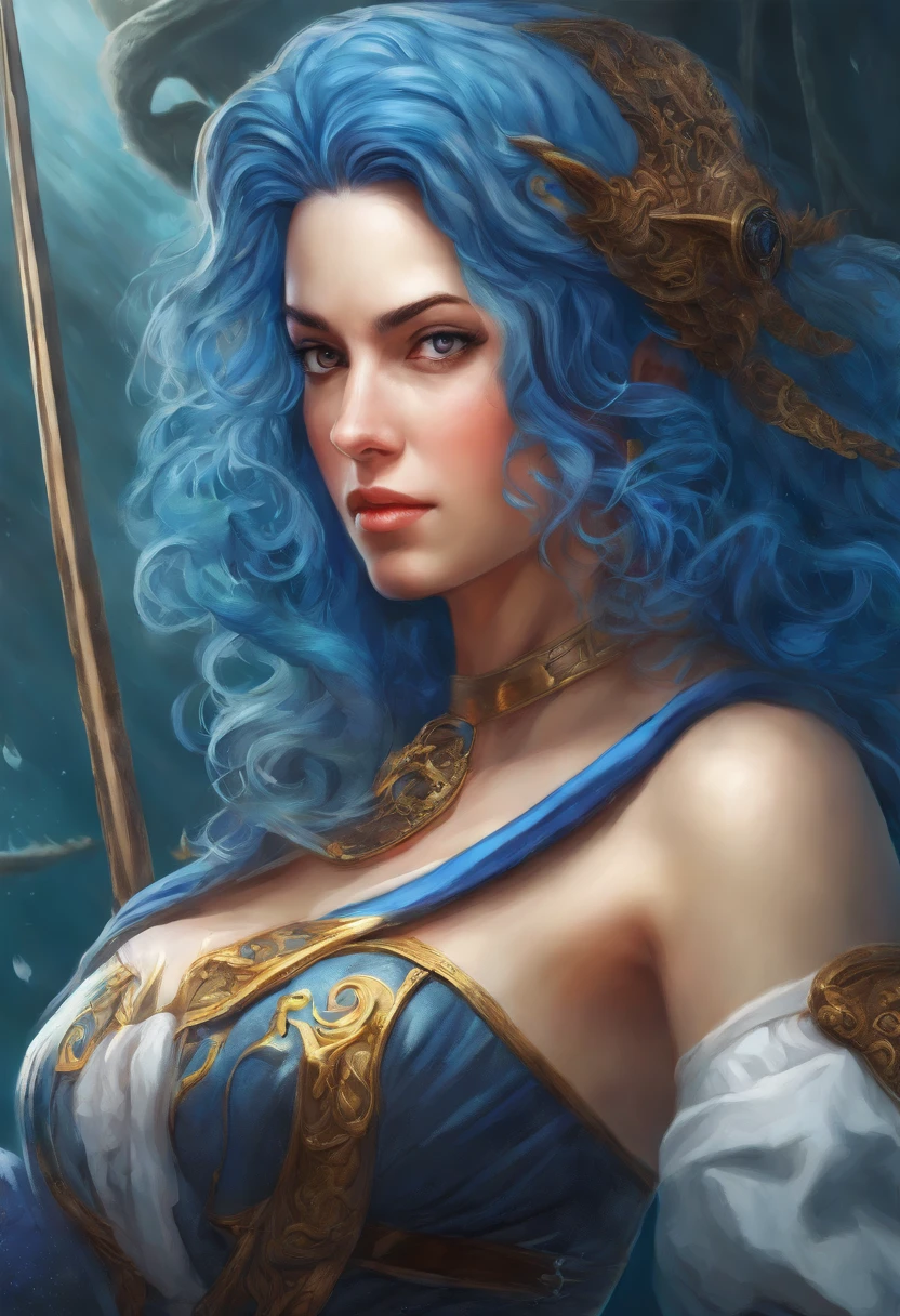"(best quality,Altas,ultra-detalhado),Epic portrait of a blue-haired pirate woman in leather armor, olhos detalhados, rosto detalhado, empunhando uma pistola e espada medievais, Estilo RPG, illustration,retrato detalhado,colorido,aventureiro,mythical creatures,single character,medium:oil painting,Cabelo varrido pelo vento,heroic pose,Atmosfera misteriosa,dramatic lighting,Tesouro Afundado,Mar tempestuoso,Navio pirata no horizonte,cores contrastantes,textura arenosa,fundo antigo do mapa"