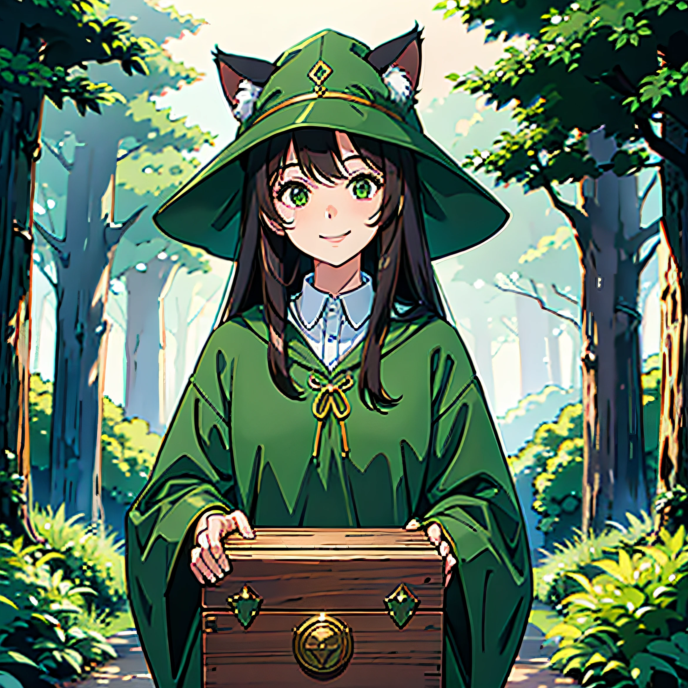 close up, 1 girl, alone, cat ears, smiling, brown hair, standing, wizard hat, green clothes, bushes, large forest, holding a large metal box