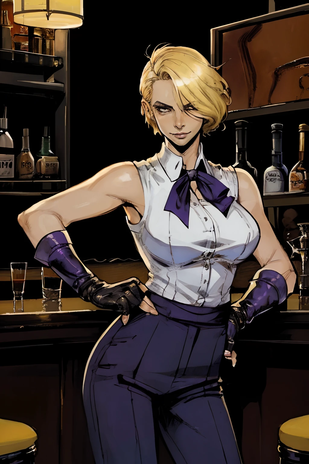 blonde woman, short hair, athletic, slim, in bartender outfit, slacks, neck bow, fingerless hand gloves, smirking, (1female), (action shot), bar scenery, (masterpiece), (methurlant), (comic), y2k gritty artstyle, intricate detail, smooth, (futuristic), accurate five fingers, accurate hands, high quality, highly detailed,