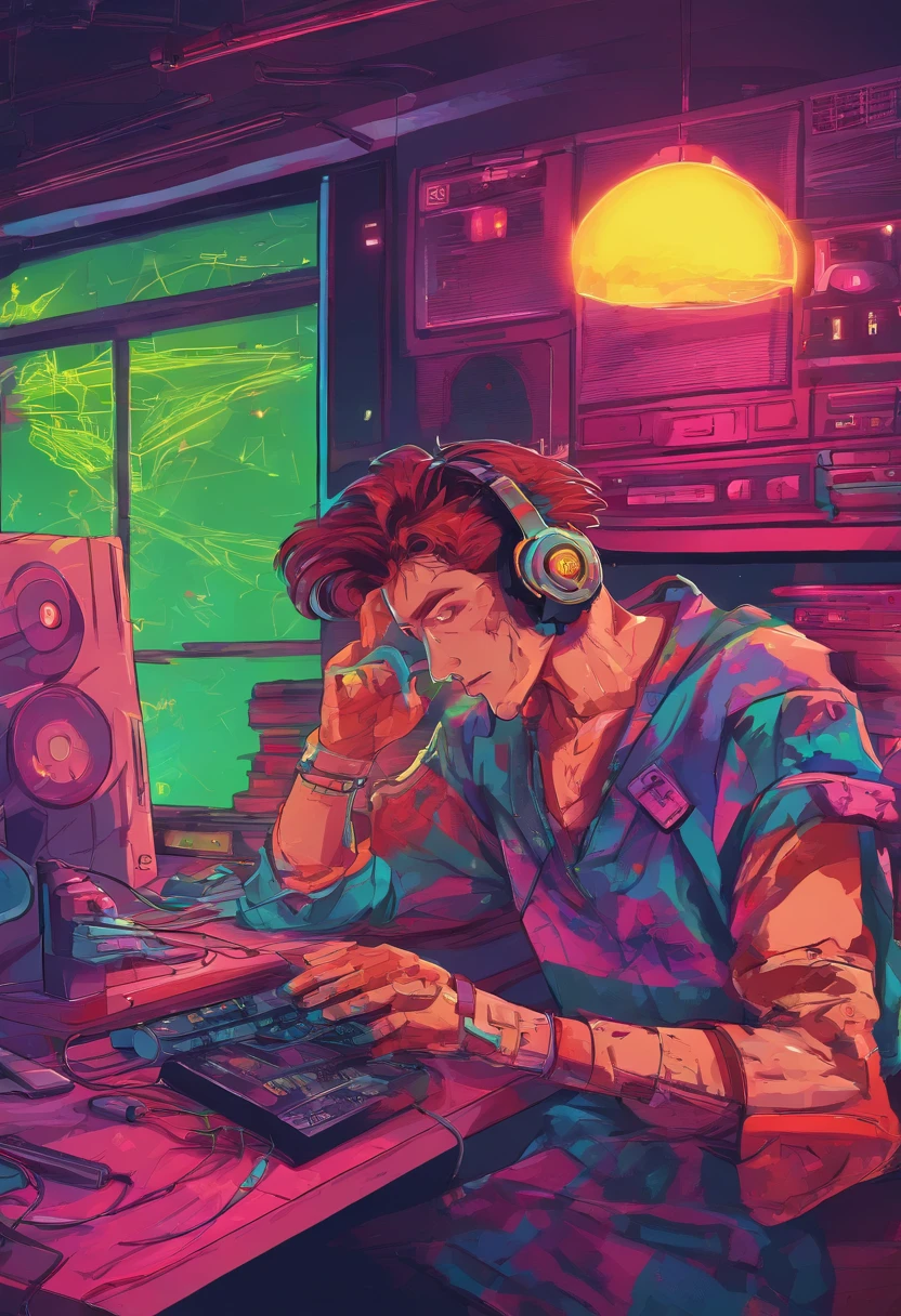 Boy listening to music in a cozy room at night, Usando fones de ouvido, Anime estilo 2D, Lo-fi, disco Rigido, Ambiente escuro, frente a um computador, livros sobre a mesa, estudando, concentrado, profundidade, 4k, papel de parede, obra prima
