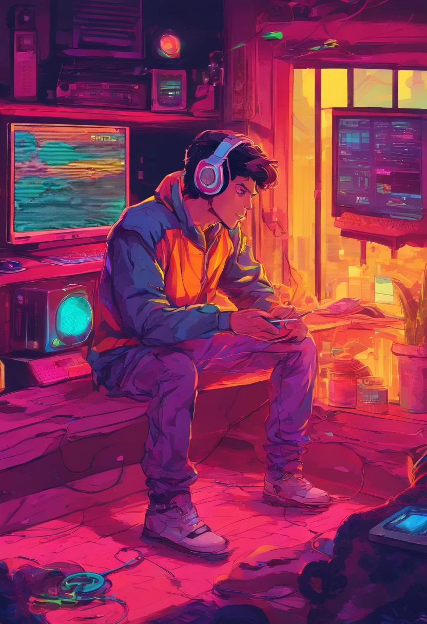 Boy listening to music in a cozy room at night, Usando fones de ouvido, Anime estilo 2D, Lo-fi, disco Rigido, Ambiente escuro, frente a um computador, livros sobre a mesa, estudando, concentrado, profundidade, 4k, papel de parede, obra prima