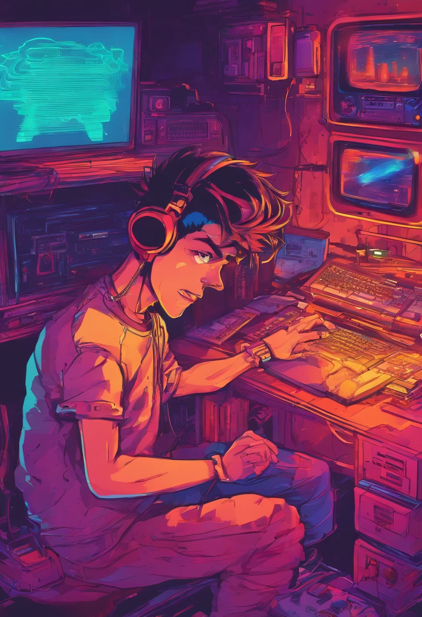 Boy listening to music in a cozy room at night, Usando fones de ouvido, Anime estilo 2D, Lo-fi, disco Rigido, Ambiente escuro, frente a um computador, livros sobre a mesa, estudando, concentrado, profundidade, 4k, papel de parede, obra prima