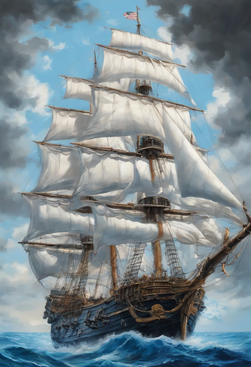 epic painting of white pirate ship with blue and black sails, detailed