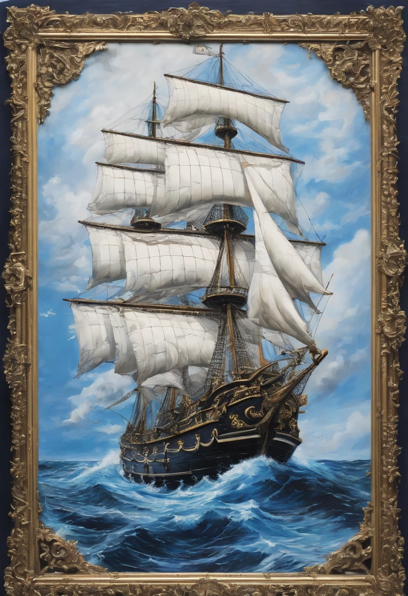 epic painting of white pirate ship with blue and black sails, detailed