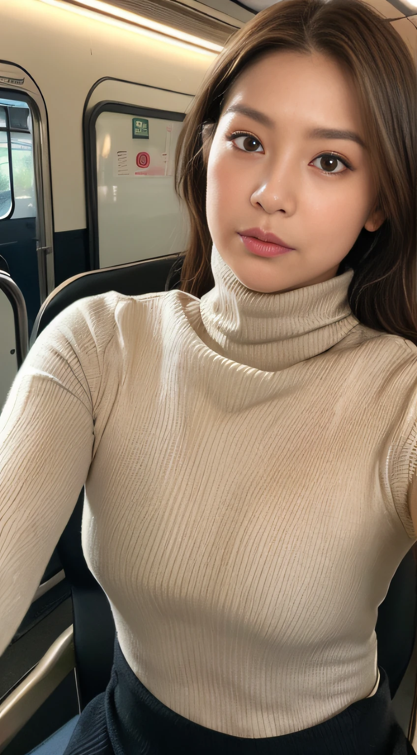 ((Realistic lighting、top-quality、8K、​masterpiece:1.3))、Clear focus:1.2、((A MILF、50 years old、Wrinkles at the corners of the eyes):1.4)、Beautiful woman with perfect body shape:1.4、Highly detailed facial and skin texture、hyperdetailed face、Detailed lips、A detailed eye、二重まぶた、Brown hair、eye line、eyeshadows、makeup、Tight clothes、(turtleneck shirt、a miniskirt:1.4)、(huge-breasted:1.2)、cleavage of the breast、Sitting on a chair、On the train、legs crossed