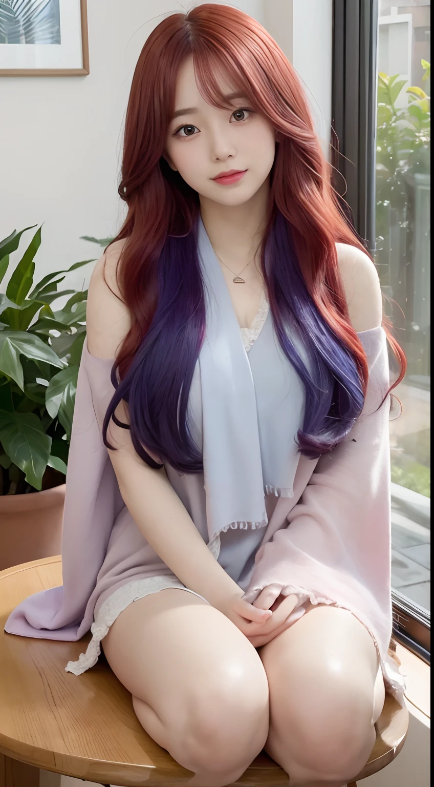 (Masterpiece, Best quality: 1.2), (A high resolution: 1.1), (Highest quality), (Master'work), facingviewer, Dynamic Angle, sky, Cloud, (1loli, solofocus: 1.4), Cute, decorations, (jewelry: 0.75), (Blush: 0.9), (Strap: 0 .9), Barefoot, Living room, sofe, window, Curtains, Dappled sunlight, Plants in pots, Table, locker, bookcase, lamp lights, ahoge, (Shawl, Long hair, Ruby red hair, Blue inner hair, Shiny hair, Shiny skin: 1.1),