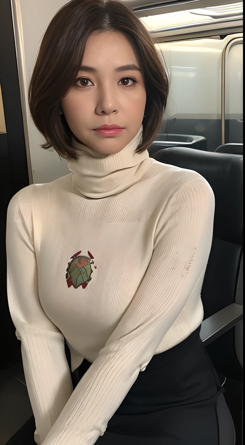 ((Realistic lighting、top-quality、8K、masterpiece:1.3))、Clear focus:1.2、((A MILF、50 years old、Wrinkles at the corners of the eyes):1.4)、Beautiful woman with perfect body shape:1.4、Highly detailed facial and skin texture、hyperdetailed face、Detailed lips、A detailed eye、二重まぶた、Brown hair、eye line、eyeshadows、makeup、Tight clothes、(turtleneck shirt、a miniskirt:1.4)、(huge-breasted:1.2)、cleavage of the breast、Sitting on a chair、On the train、legs crossed