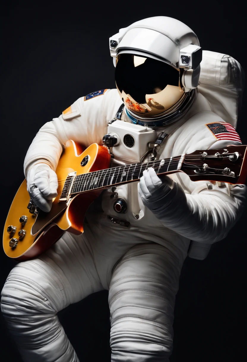 (Detailed Description) Russian astronaut in sunglasses plays an electric guitar model Les Paul