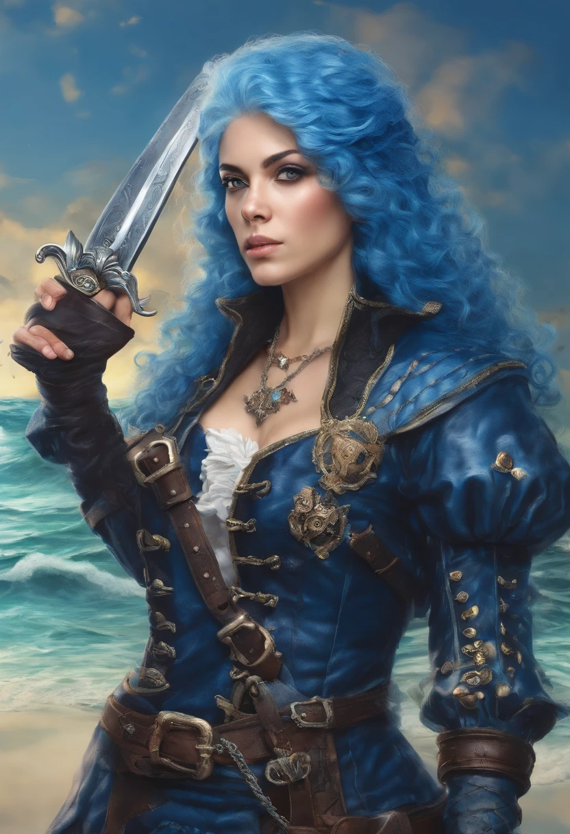 Epic portrait of blue-haired pirate woman, olhos detalhados, rosto detalhado, in leather armor with medieval pistol and sword in hand, estilo rpg, 插圖