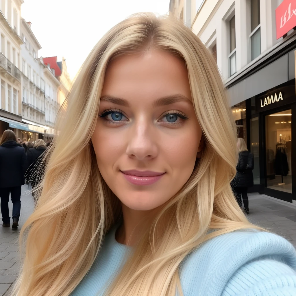 blonde woman with blue eyes, smiling, selfie, shopping in the city, sexy red outfit, Lara Stein, Alexandra Waliszewska, schulterlanges blondes Haar, Most beautiful woman in the world, beautiful look, Perfektes Detail, Victoria's Secret-Modell, blonde haare blaue augen, keine Nahaufnahme, blonde Haare und blaue Augen, lange blonde Haare und blaue Augen, ohne Augenbrauen