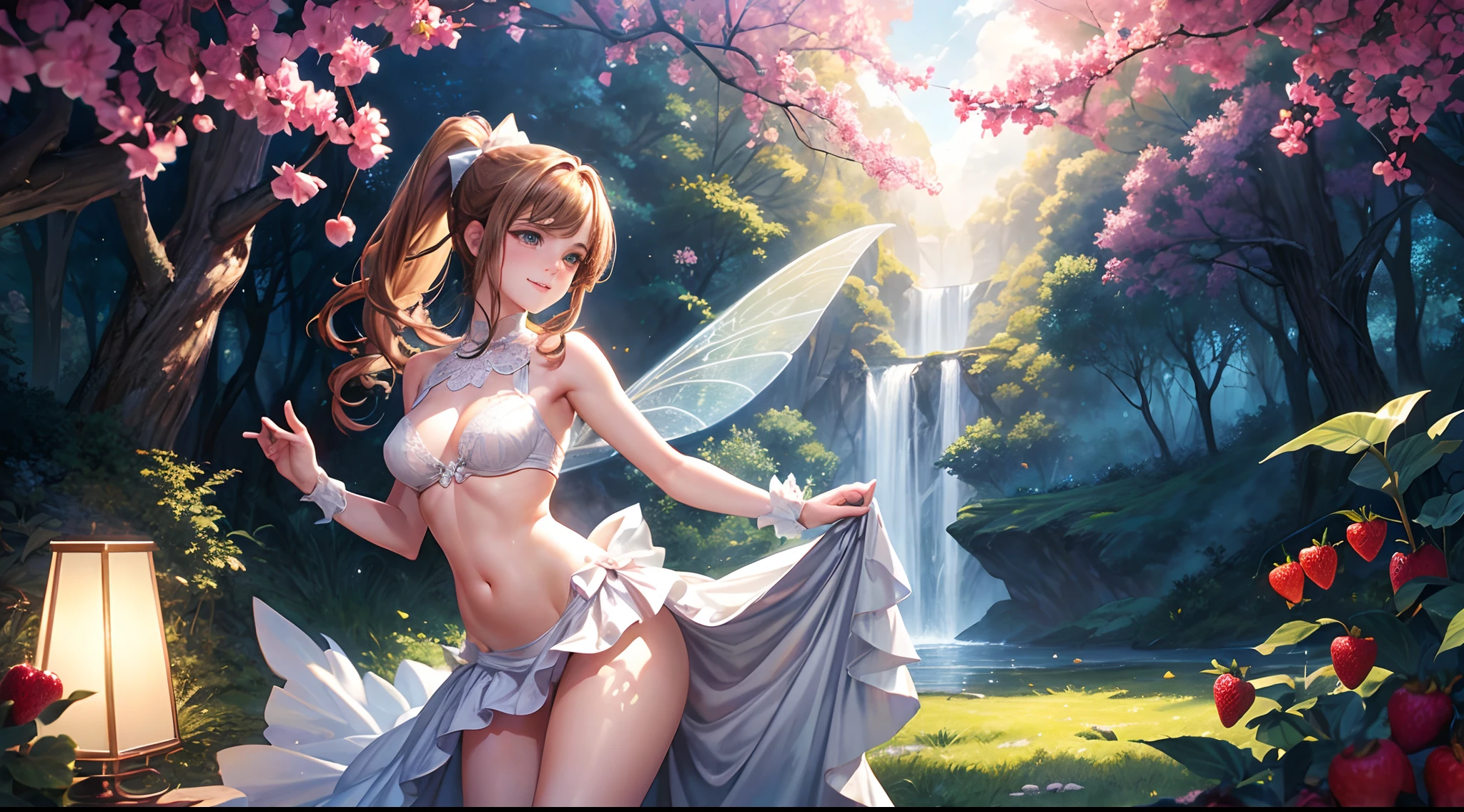 Emma Watson as a sexy fairy girl. slender body. sexy smile. ( Absurd, High quality, ultra-detailed, masterpiece, concept art, smooth, highly detailed artwork, hyper-realistic painting ) , tiny littrawberries, cute, whole body, Romantic, Vivid, dreamy, fantasy, fairy wings, in the forest, enchanting glow, very detailed art, reveal clothes, sexy lace underwear, transrarrent clothnes, perky niples, deep eyes, ponytail, big ponytail bow, playful, mischievous, smile, in palace, (pregnat)