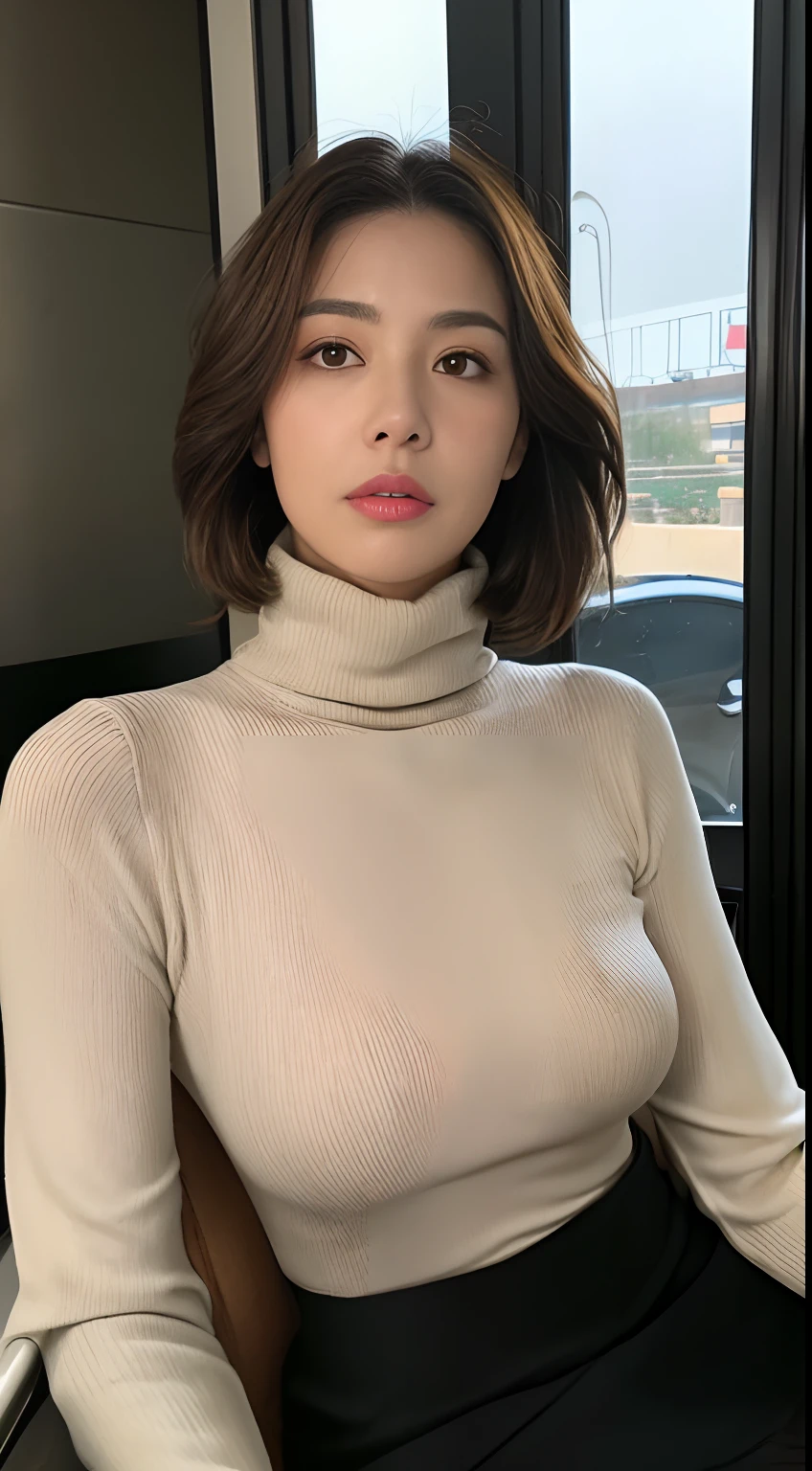A woman sitting in a chair wearing a turtle neck sweater - SeaArt AI