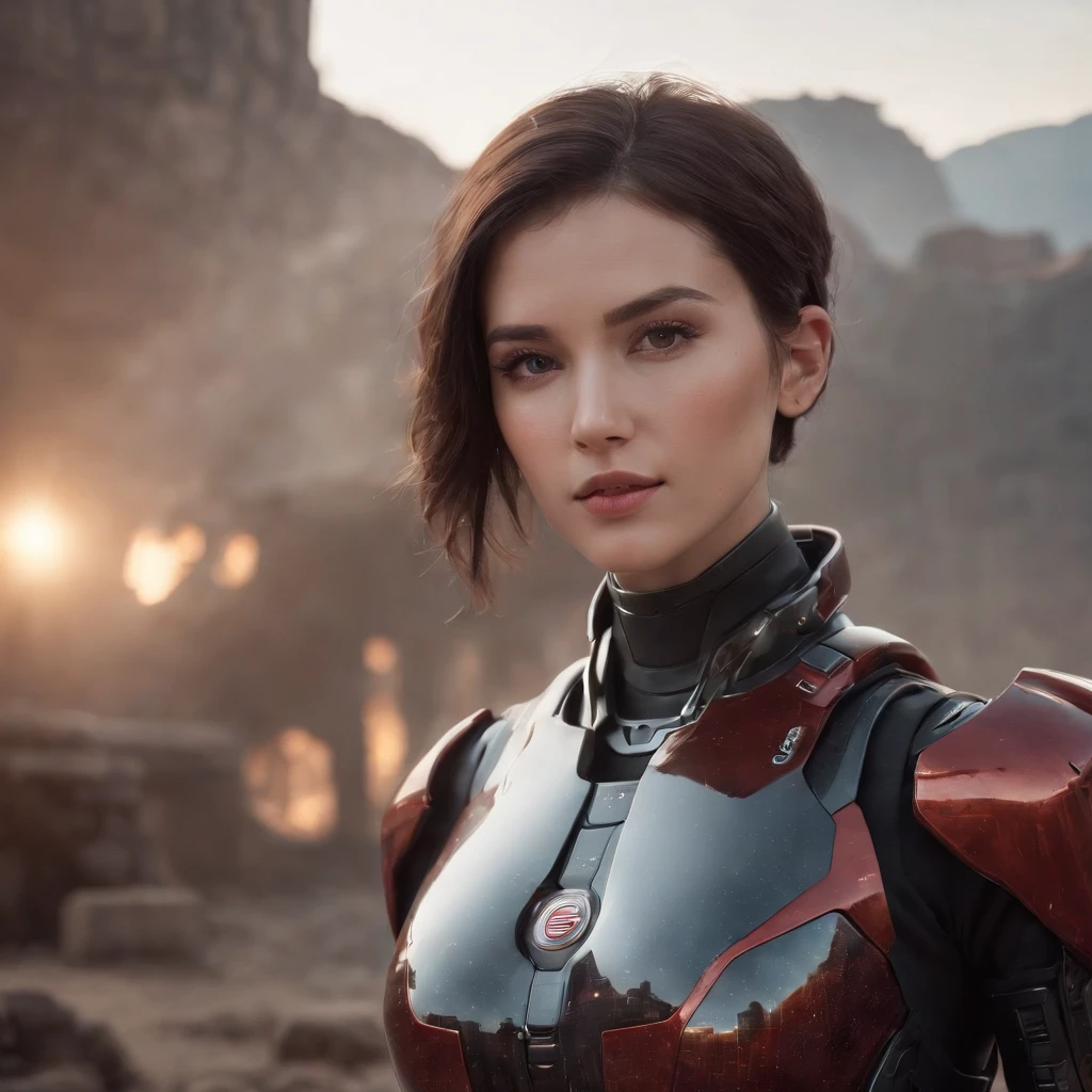 This is a CG Unity 8k wallpaper，With ultra-detailed detail, High resolution and high quality in cyberpunk style, Mainly black and red. In the picture, A beautyful girl，white short messy hair, A delicate face, Wearing a steam mech mask, Standing on the ruins, Behind her is a giant robot, Social realism, hyper photorealism, Sparkle, Cinematic lighting, Lens flare, Ultra-wide angle