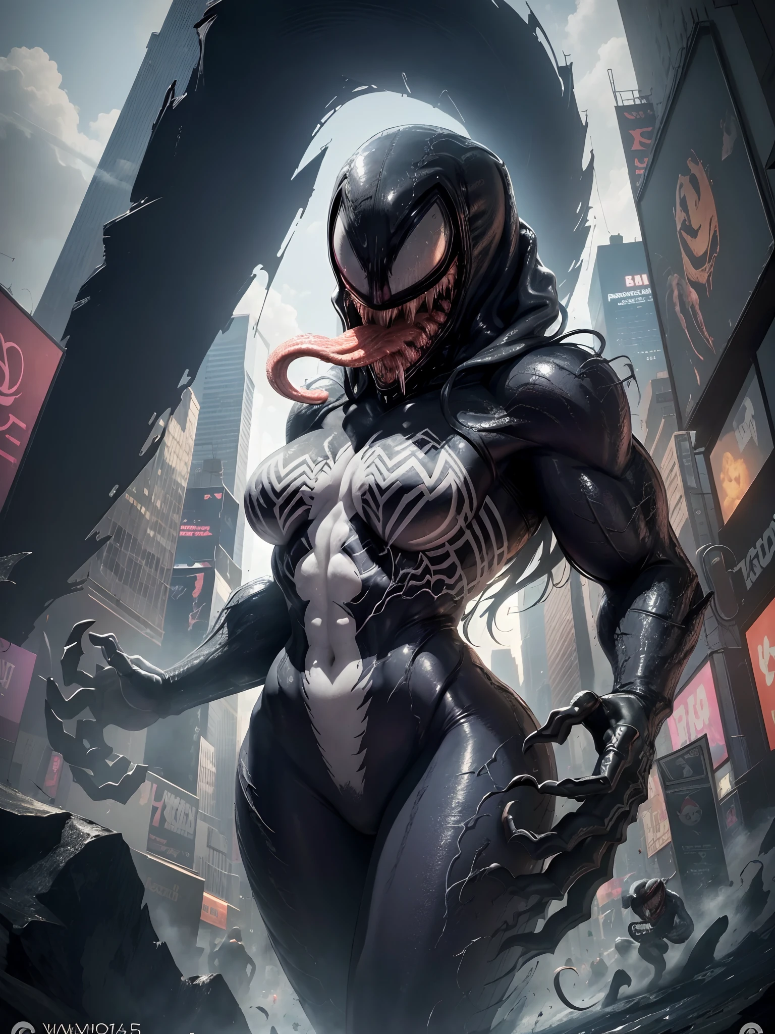 in New York City, (New York: 1.5), (time square: 1.4), Venom female character 25 years old, Black Body: When the symbiote fuses with a host, it usually covers the host's body entirely, creating a black and super shiny appearance.
White Eyes: Venom has large, white eyes, often with thin, sharp pupils. These white eyes are a distinguishing feature of the character.
Large, Sharp Jaws: Venom has a mouth full of large, sharp jaws, allowing him to bite and attack his enemies with ferocity.
Long Tongue: Venom has an extremely long and prehensile tongue, which he uses to capture prey or attack enemies from a distance.
Authentic background, (photorealistic: 1.4), (realism: 1.5), (Realisitc: 1.5), (Absurdity: 1.4), 8k, ultra-detailed, detailed, (Viewer facing: 1.2), (bright sunny day: 1.5) , Intricate body details, (One:1.4 only), (Viewer facing:1.3), HD4