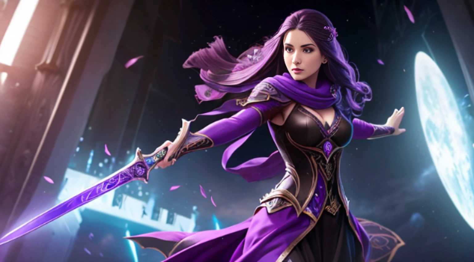 Purple-haired woman in dark dress holding a sword and purple scarf, Liliana Vess, Conceito-Arte | germe da arte, Artgerm Julie Bell Beeple, WLOP e Artgerm, Fleuma no escarro, Muco | germe da arte, sedutora mulher mesmer, Artgerm e WLOP, Arte fleuma fleuma, ocultista feminino