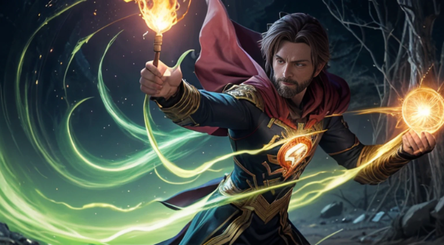 vivid magical mystical background.action-packed scene of a superhero who has the (((Poderoso anel brilhante))) do Lanterna Verde e a magia do furioso Doutor Estranho ((usando barba)) capa vermelha. The superhero must be in a mystical pose, conjuring a powerful spell with his ring and casting it at an enemy. anime fotorrealista de alto detalhe fine line art, octane render unreal engine 5 cinematic, Arte por James Lee, Jon McCoy e Mappa Studios