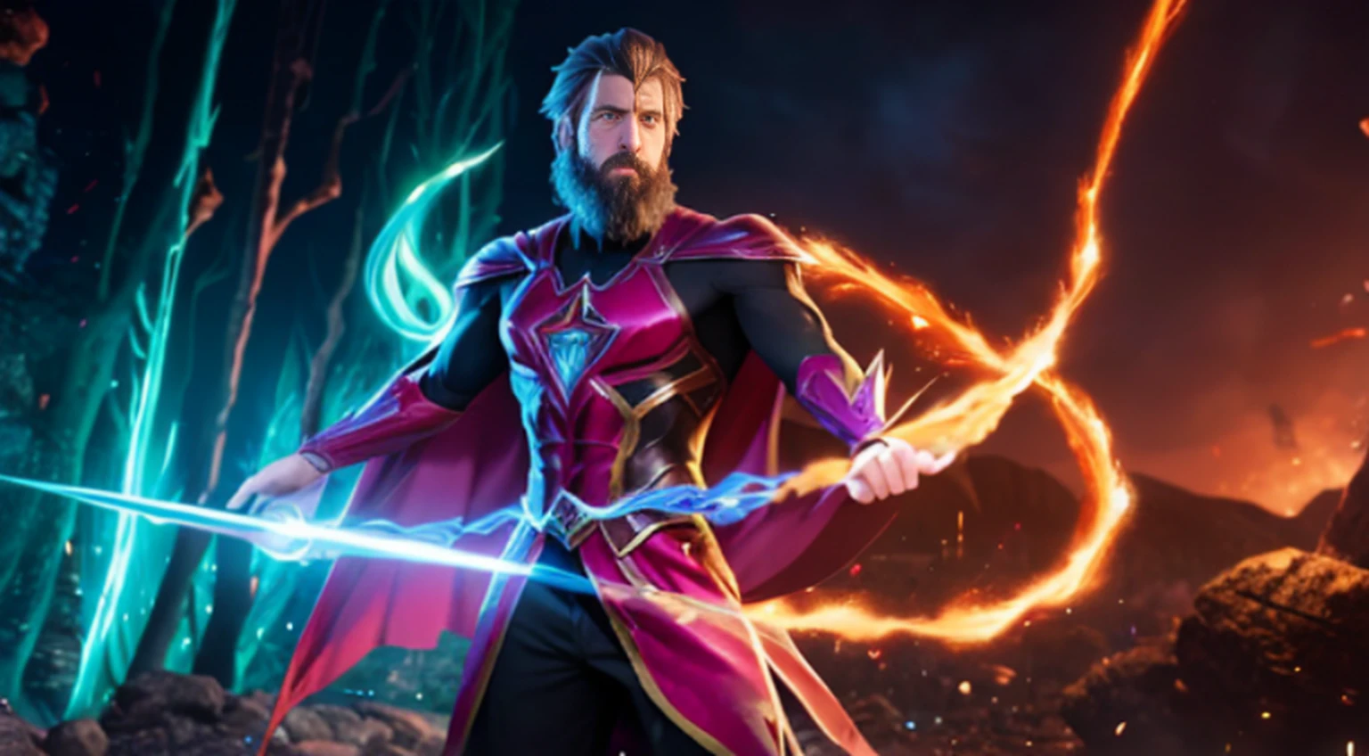vivid magical mystical background.action-packed scene of a superhero who has the (((Poderoso anel brilhante))) do Lanterna Verde e a magia do furioso Doutor Estranho ((usando barba)) capa vermelha. The superhero must be in a mystical pose, conjuring a powerful spell with his ring and casting it at an enemy. anime fotorrealista de alto detalhe fine line art, octane render unreal engine 5 cinematic, Arte por James Lee, Jon McCoy e Mappa Studios
