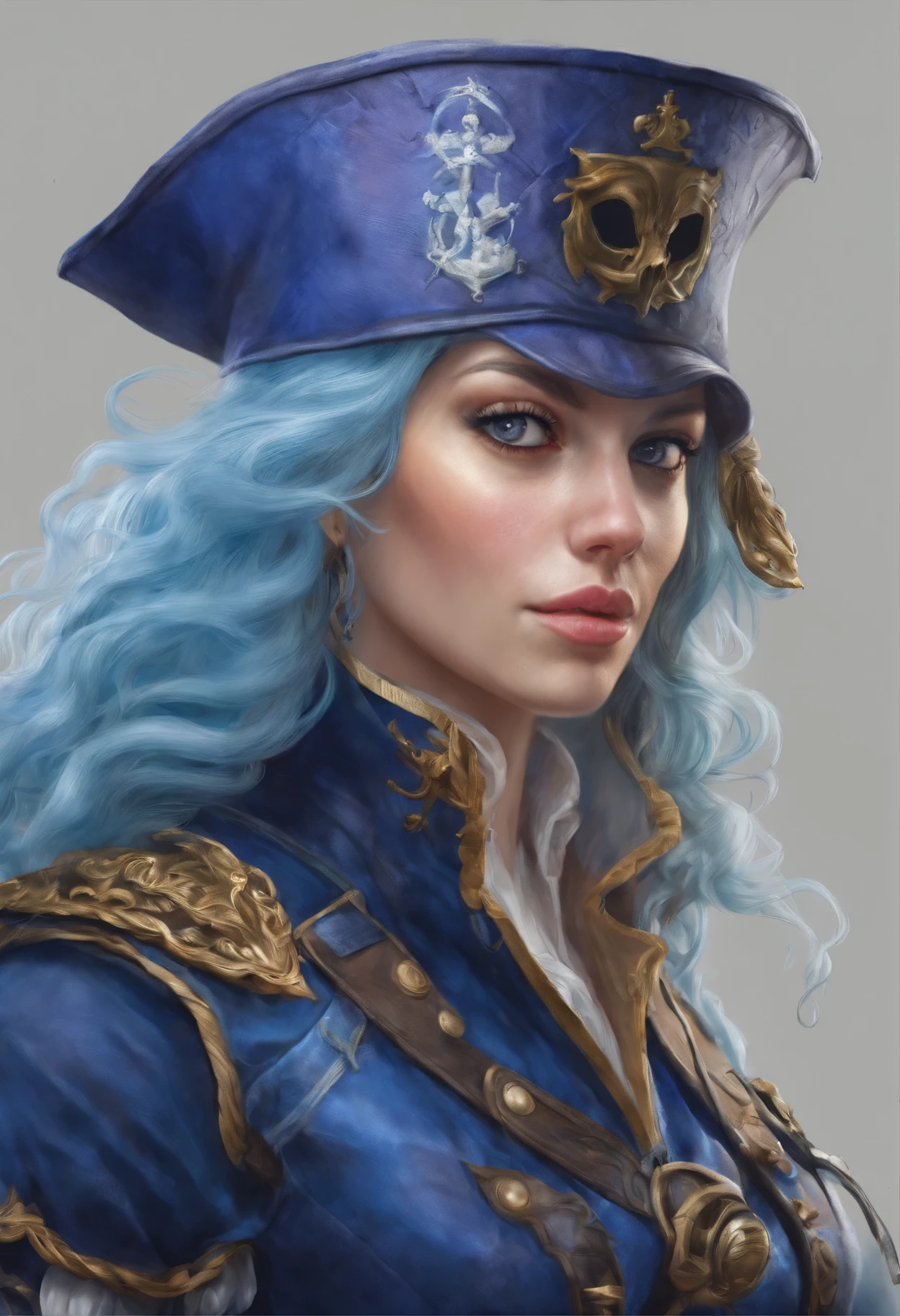 "(best quality,Altas,ultra-detalhado),Epic portrait of a blue-haired pirate woman in leather armor, olhos detalhados, rosto detalhado, empunhando uma pistola e espada medievais, Estilo RPG, illustration,retrato detalhado,colorido,aventureiro,mythical creatures,single character,medium:oil painting,Cabelo varrido pelo vento,heroic pose,Atmosfera misteriosa,dramatic lighting,Tesouro Afundado,Mar tempestuoso,Navio pirata no horizonte,cores contrastantes,textura arenosa,fundo antigo do mapa"