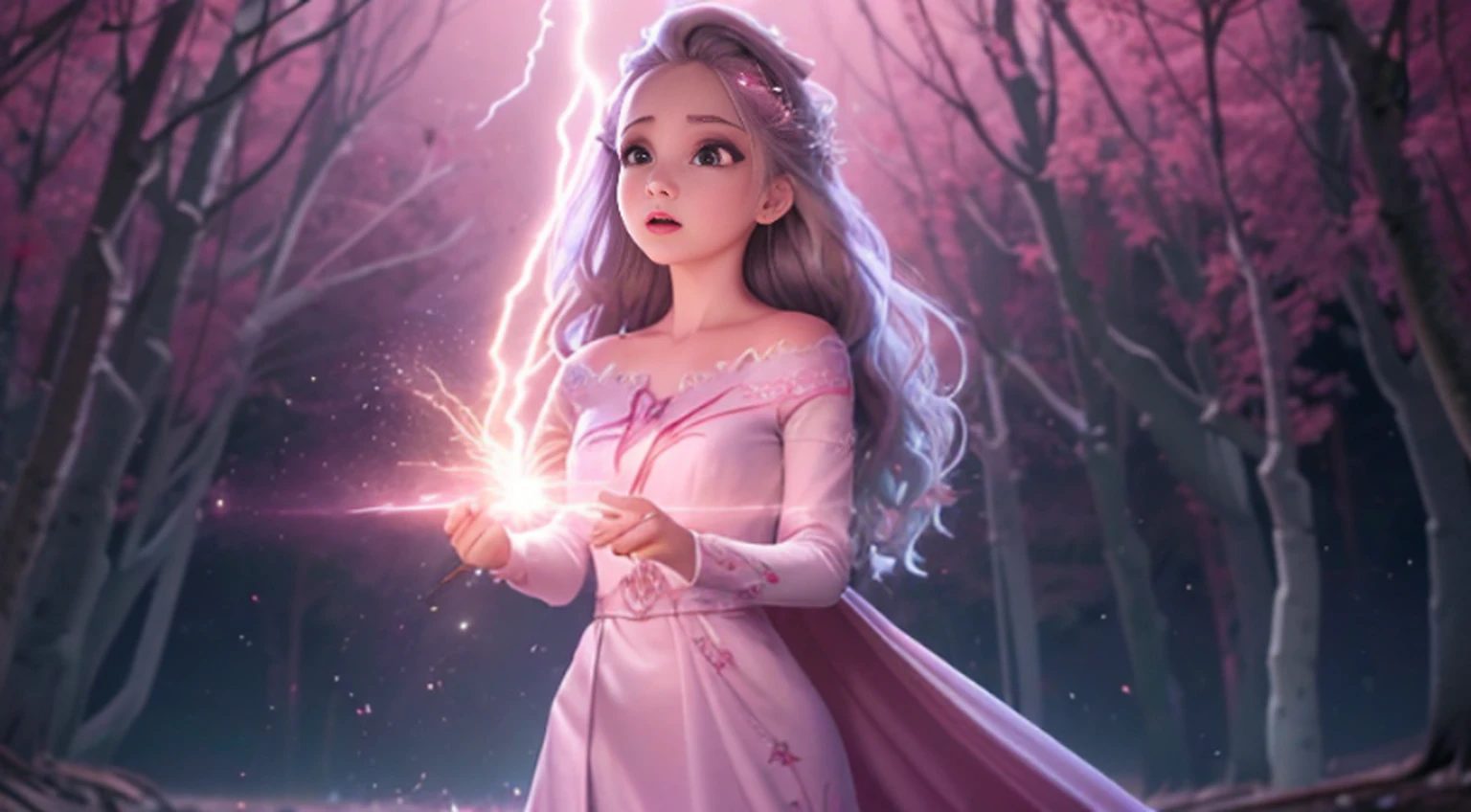 A woman in a light pink dress standing in a cherry forest, Artgerm, paisagem realista, Artgerm detalhado, olhos perfeitos, rosto perfeito, Ultra Detalhado, tiro de corpo inteiro, (Skindentation: 1.5), realista, realista, (obra-prima: 1.5), arte conceitual, detalhes intrincados, altamente detalhado, realista, octane rendering, 8K, motor irreal, dinamic pose, melhor qualidade, alta resolução, (rosto realista: 1.1), (hiper-realismo: 1.1) , ((full_body)), olhos perfeitos, (pele brilhante: 1.2), ((penteado))), ((perfect hands))), (fundo muito detalhado), ((dynamic background), ((lightning), (lightning), ((1girl)), Vestindo um manto, (((Manto de fluxo))), ((Olhos detalhados, Olhos de alta qualidade, Rosto de alta qualidade)), vestido rosa claro extremamente complexos, magical robes), casting lightning, eletricidade, spinning flame, radiation, spark, smoke, magia, (dramatic), epic, campo de batalha, profundidade de campo, bokeh, 4k, gotica, cinzas, particules.