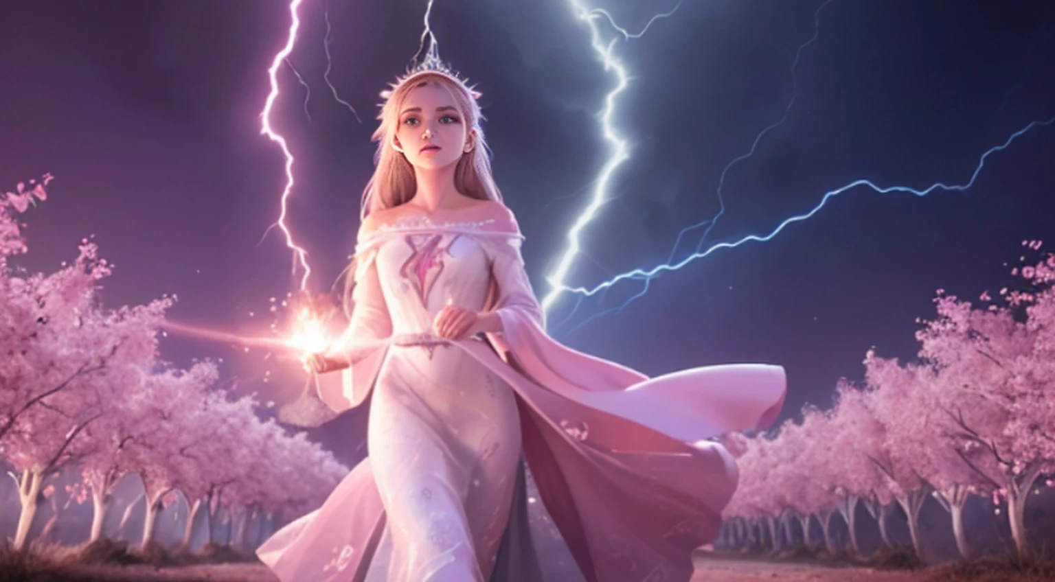 A woman in a light pink dress standing in a cherry forest, Artgerm, paisagem realista, Artgerm detalhado, olhos perfeitos, rosto perfeito, Ultra Detalhado, tiro de corpo inteiro, (Skindentation: 1.5), realista, realista, (obra-prima: 1.5), arte conceitual, detalhes intrincados, altamente detalhado, realista, octane rendering, 8K, motor irreal, dinamic pose, melhor qualidade, alta resolução, (rosto realista: 1.1), (hiper-realismo: 1.1) , ((full_body)), olhos perfeitos, (pele brilhante: 1.2), ((penteado))), ((perfect hands))), (fundo muito detalhado), ((dynamic background), ((lightning), (lightning), ((1girl)), Vestindo um manto, (((Manto de fluxo))), ((Olhos detalhados, Olhos de alta qualidade, Rosto de alta qualidade)), vestido rosa claro extremamente complexos, magical robes), casting lightning, eletricidade, spinning flame, radiation, spark, smoke, magia, (dramatic), epic, campo de batalha, profundidade de campo, bokeh, 4k, gotica, cinzas, particules.