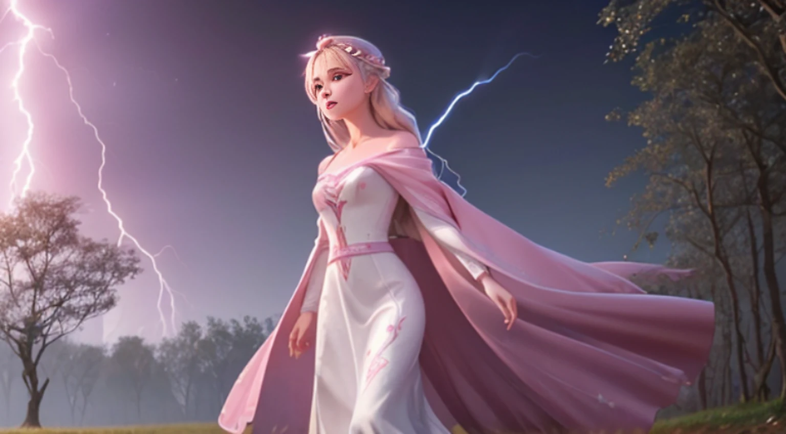 A woman in a light pink dress standing in a cherry forest, Artgerm, paisagem realista, Artgerm detalhado, olhos perfeitos, rosto perfeito, Ultra Detalhado, tiro de corpo inteiro, (Skindentation: 1.5), realista, realista, (obra-prima: 1.5), arte conceitual, detalhes intrincados, altamente detalhado, realista, octane rendering, 8K, motor irreal, dinamic pose, melhor qualidade, alta resolução, (rosto realista: 1.1), (hiper-realismo: 1.1) , ((full_body)), olhos perfeitos, (pele brilhante: 1.2), ((penteado))), ((perfect hands))), (fundo muito detalhado), ((dynamic background), ((lightning), (lightning), ((1girl)), Vestindo um manto, (((Manto de fluxo))), ((Olhos detalhados, Olhos de alta qualidade, Rosto de alta qualidade)), vestido rosa claro extremamente complexos, magical robes), casting lightning, eletricidade, spinning flame, radiation, spark, smoke, magia, (dramatic), epic, campo de batalha, profundidade de campo, bokeh, 4k, gotica, cinzas, particules.