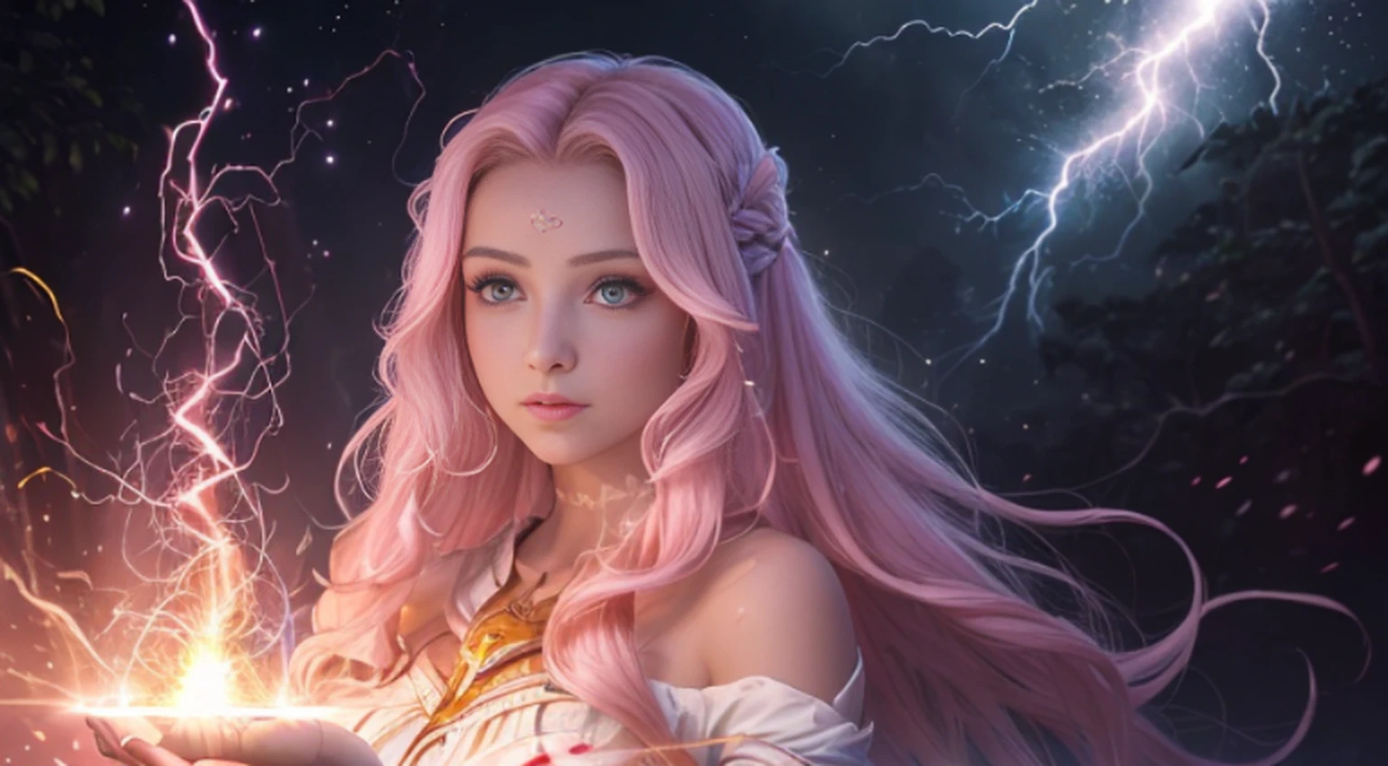 A woman in a light pink dress standing in a cherry forest, Artgerm, paisagem realista, Artgerm detalhado, olhos perfeitos, rosto perfeito, Ultra Detalhado, tiro de corpo inteiro, (Skindentation: 1.5), realista, realista, (obra-prima: 1.5), arte conceitual, detalhes intrincados, altamente detalhado, realista, octane rendering, 8K, motor irreal, dinamic pose, melhor qualidade, alta resolução, (rosto realista: 1.1), (hiper-realismo: 1.1) , ((full_body)), olhos perfeitos, (pele brilhante: 1.2), ((penteado))), ((perfect hands))), (fundo muito detalhado), ((dynamic background), ((lightning), (lightning), ((1girl)), Vestindo um manto, (((Manto de fluxo))), ((Olhos detalhados, Olhos de alta qualidade, Rosto de alta qualidade)), vestido rosa claro extremamente complexos, magical robes), casting lightning, eletricidade, spinning flame, radiation, spark, smoke, magia, (dramatic), epic, campo de batalha, profundidade de campo, bokeh, 4k, gotica, cinzas, particules.