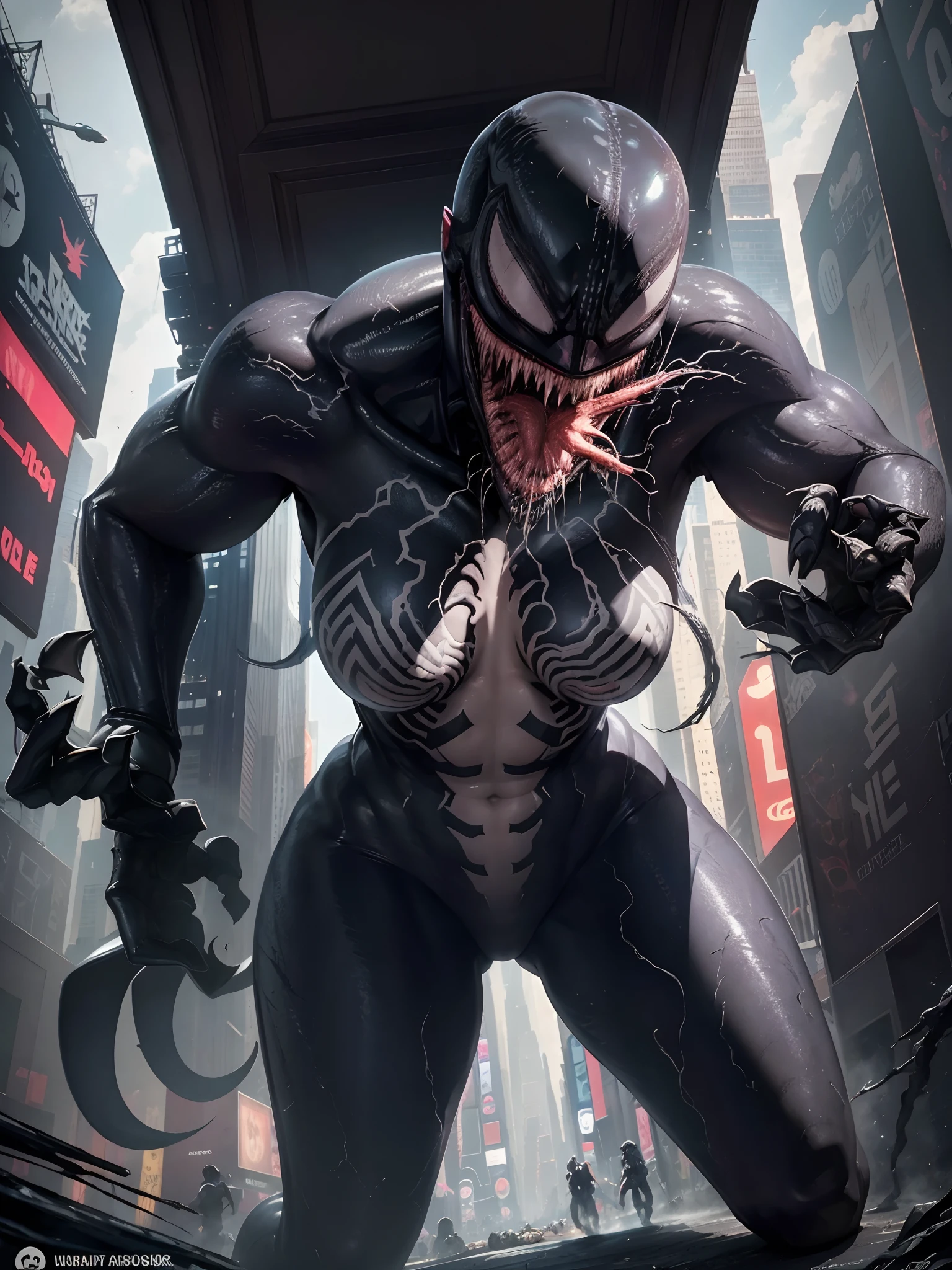in New York City, (New York: 1.5), (time square: 1.4), Venom female character 25 years old, Black Body: When the symbiote fuses with a host, it usually covers the host's body entirely, creating a black and shiny appearance.
White Eyes: Venom has large, white eyes, often with thin, sharp pupils. These white eyes are a distinguishing feature of the character.
Large, Sharp Jaws: Venom has a mouth full of large, sharp jaws, allowing him to bite and attack his enemies with ferocity.
Long Tongue: Venom has an extremely long and prehensile tongue, which he uses to capture prey or attack enemies from a distance.
Authentic background, (photorealistic: 1.4), (realism: 1.5), (Realisitc: 1.5), (Absurdity: 1.4), 8k, ultra-detailed, detailed, (Viewer facing: 1.2), (bright sunny day: 1.5) , Intricate body details, (One:1.4 only), (Viewer facing:1.3), HD4