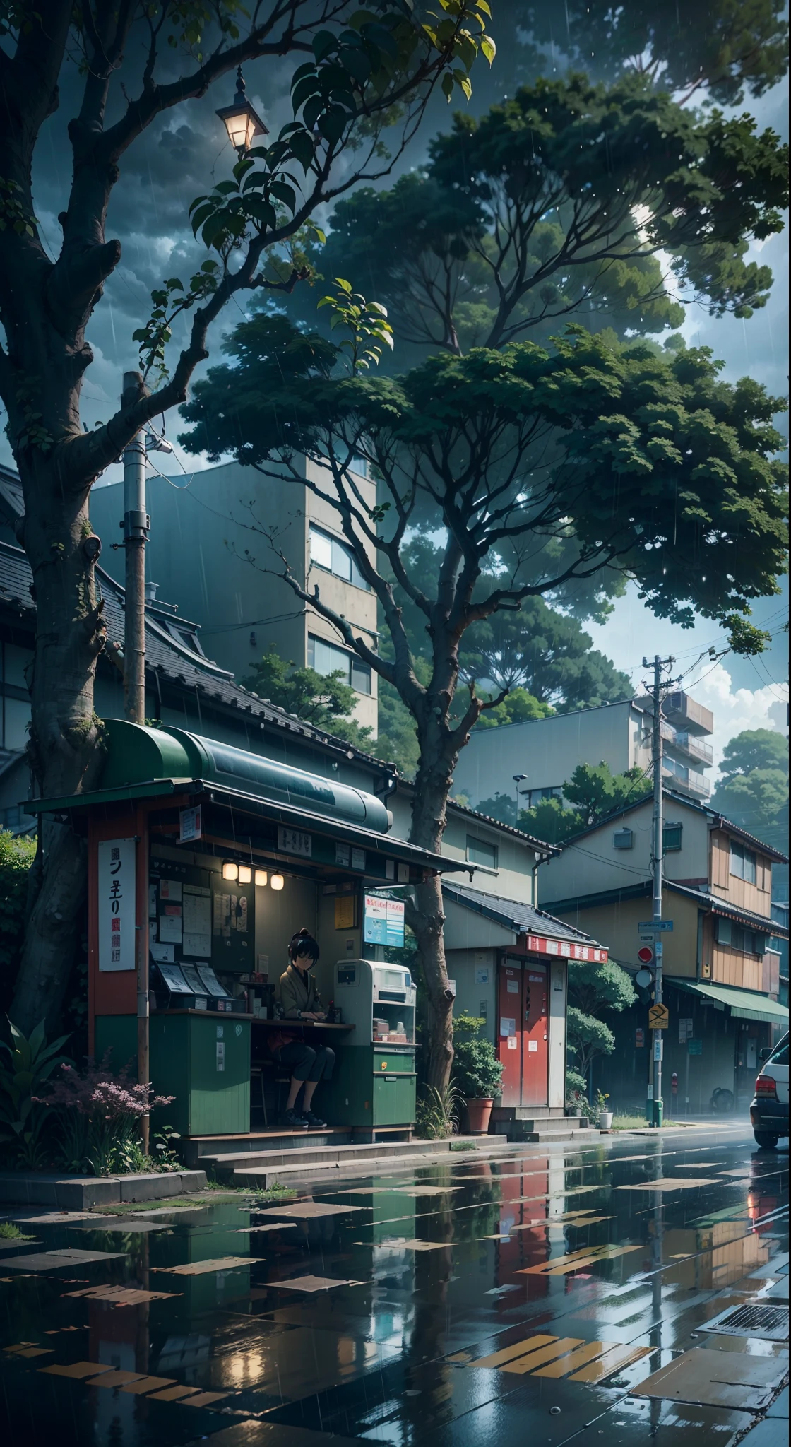 raining, gloomy weather. Japanese bus stop, surrounded by trees and vegetation on one side of the street and modern japanese buildings on the other side. Best quality. No one in sight. Anime. Anime style. lofi. dramatic weather. wide view, wide angle. Next to street. Modern village