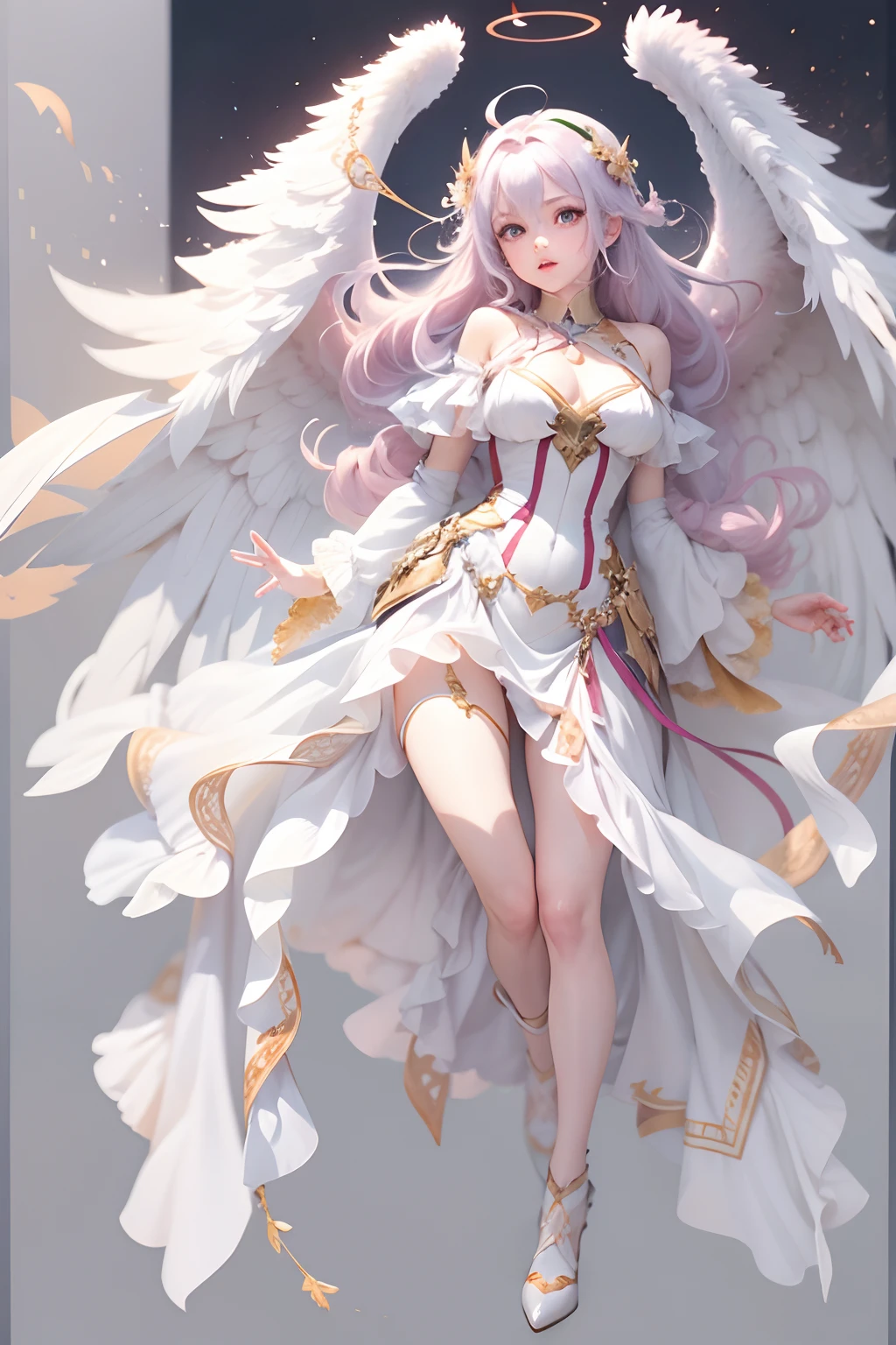 ((Highest quality)),(Ultra-high resolution),(Very detailed),(Detailed Description),((The best CG)),(masterpiece),Highly detailed art,Amazing drawing art,(Art with precise details:1.5), (Female angel:1.4),One girl, lillia, One Girl、Pink long hair、blue eyes、White dress with black lace、large pink ribbon on the chest, 聞こえるRoar, In the Dark, Shaking, The earth cracks, Standing posture, justice, Legendary, Anatomy, Roar, Extreme Speed,