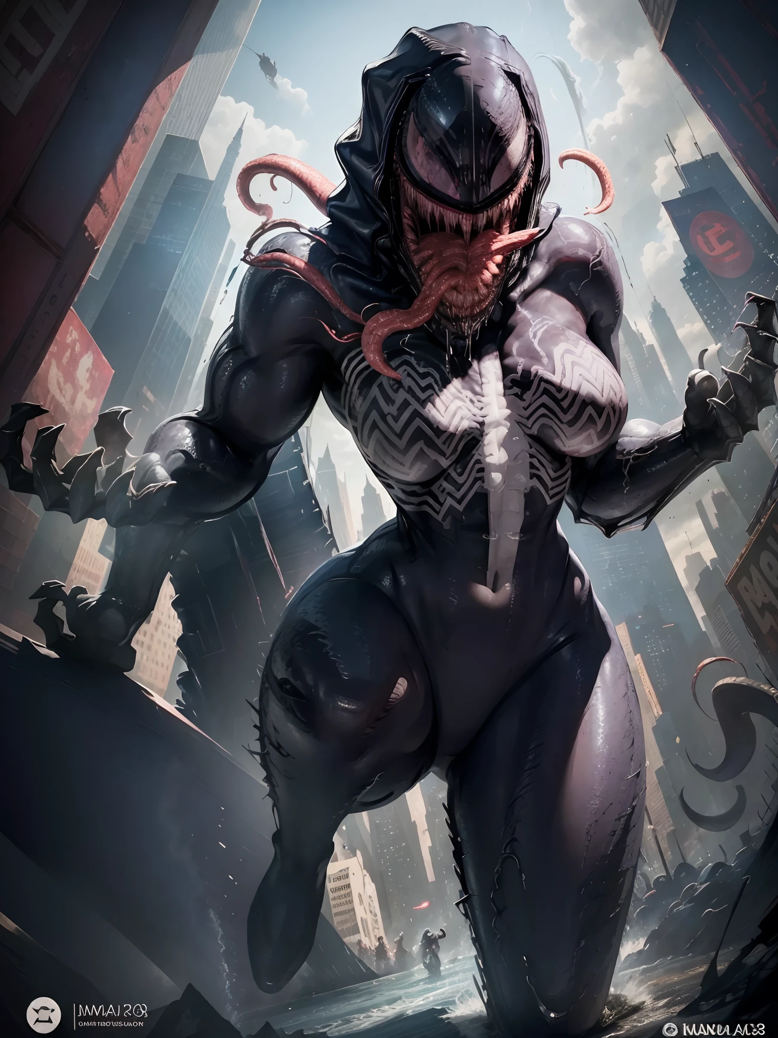 in New York City, (New York: 1.5), (time square: 1.4), Venom female character 25 years old, Black Body: When the symbiote fuses with a host, it usually covers the host's body entirely, creating a black and shiny appearance.
White Eyes: Venom has large, white eyes, often with thin, sharp pupils. These white eyes are a distinguishing feature of the character.
Large, Sharp Jaws: Venom has a mouth full of large, sharp jaws, allowing him to bite and attack his enemies with ferocity.
Long Tongue: Venom has an extremely long and prehensile tongue, which he uses to capture prey or attack enemies from a distance.
Authentic background, (photorealistic: 1.4), (realism: 1.5), (Realisitc: 1.5), (Absurdity: 1.4), 8k, ultra-detailed, detailed, (Viewer facing: 1.2), (bright sunny day: 1.5) , Intricate body details, (One:1.4 only), (Viewer facing:1.3), HD4