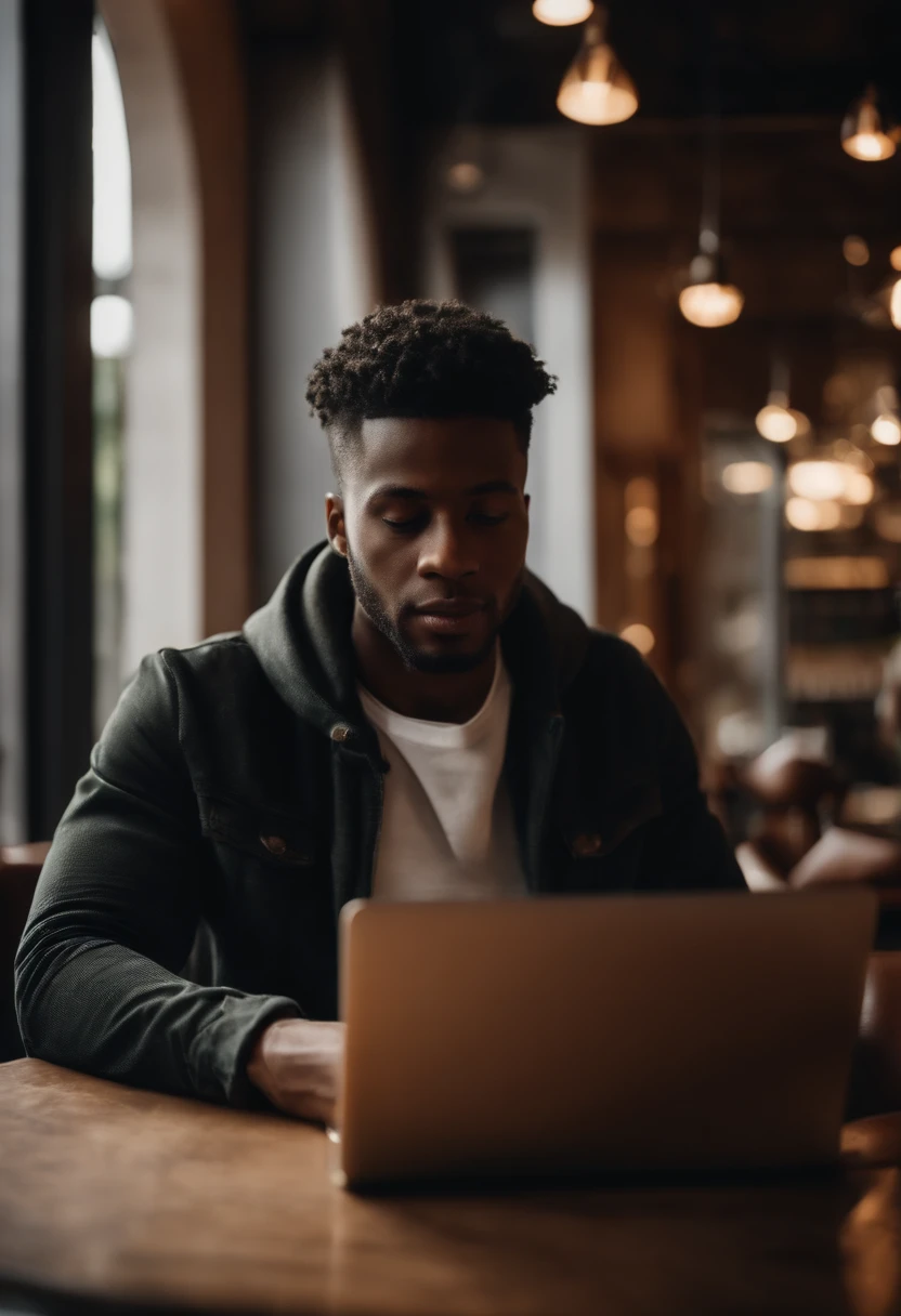 Cropped photo of a young black man using his laptop in a café created with generative AI