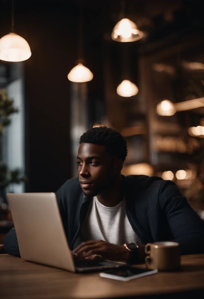 Cropped photo of a young black man using his laptop in a café created with generative AI