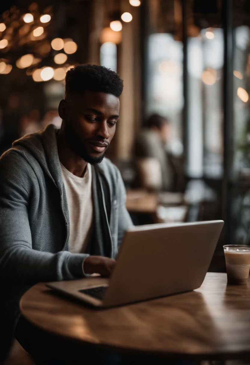 Cropped photo of a young black man using his laptop in a café created with generative AI