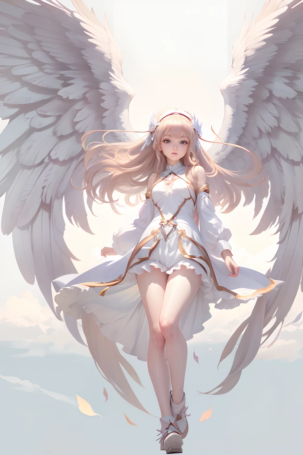 Anime Angel Girl descending, show her full body, white background