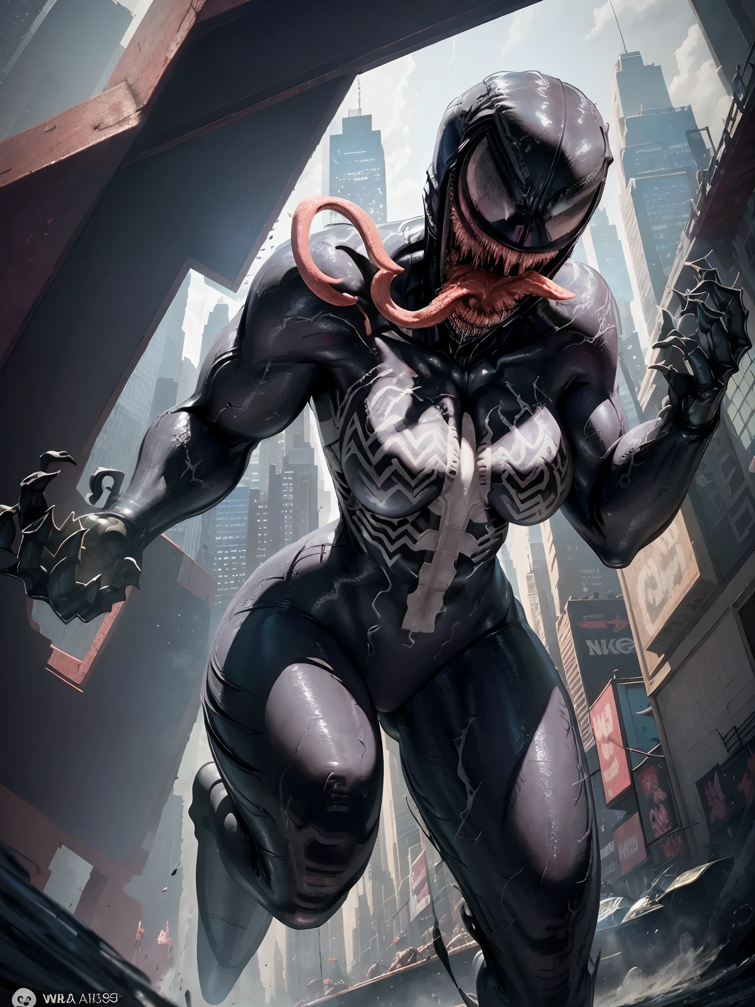 in New York City, (New York: 1.5), (time square: 1.4), Venom female character 25 years old, Black Body: When the symbiote fuses with a host, it usually covers the host's body entirely, creating a black and shiny appearance.
White Eyes: Venom has large, white eyes, often with thin, sharp pupils. These white eyes are a distinguishing feature of the character.
Large, Sharp Jaws: Venom has a mouth full of large, sharp jaws, allowing him to bite and attack his enemies with ferocity.
Long Tongue: Venom has an extremely long and prehensile tongue, which he uses to capture prey or attack enemies from a distance.
Authentic background, (photorealistic: 1.4), (realism: 1.5), (Realisitc: 1.5), (Absurdity: 1.4), 8k, ultra-detailed, detailed, (Viewer facing: 1.2), (bright sunny day: 1.5) , Intricate body details, (One:1.4 only), (Viewer facing:1.3), HD4