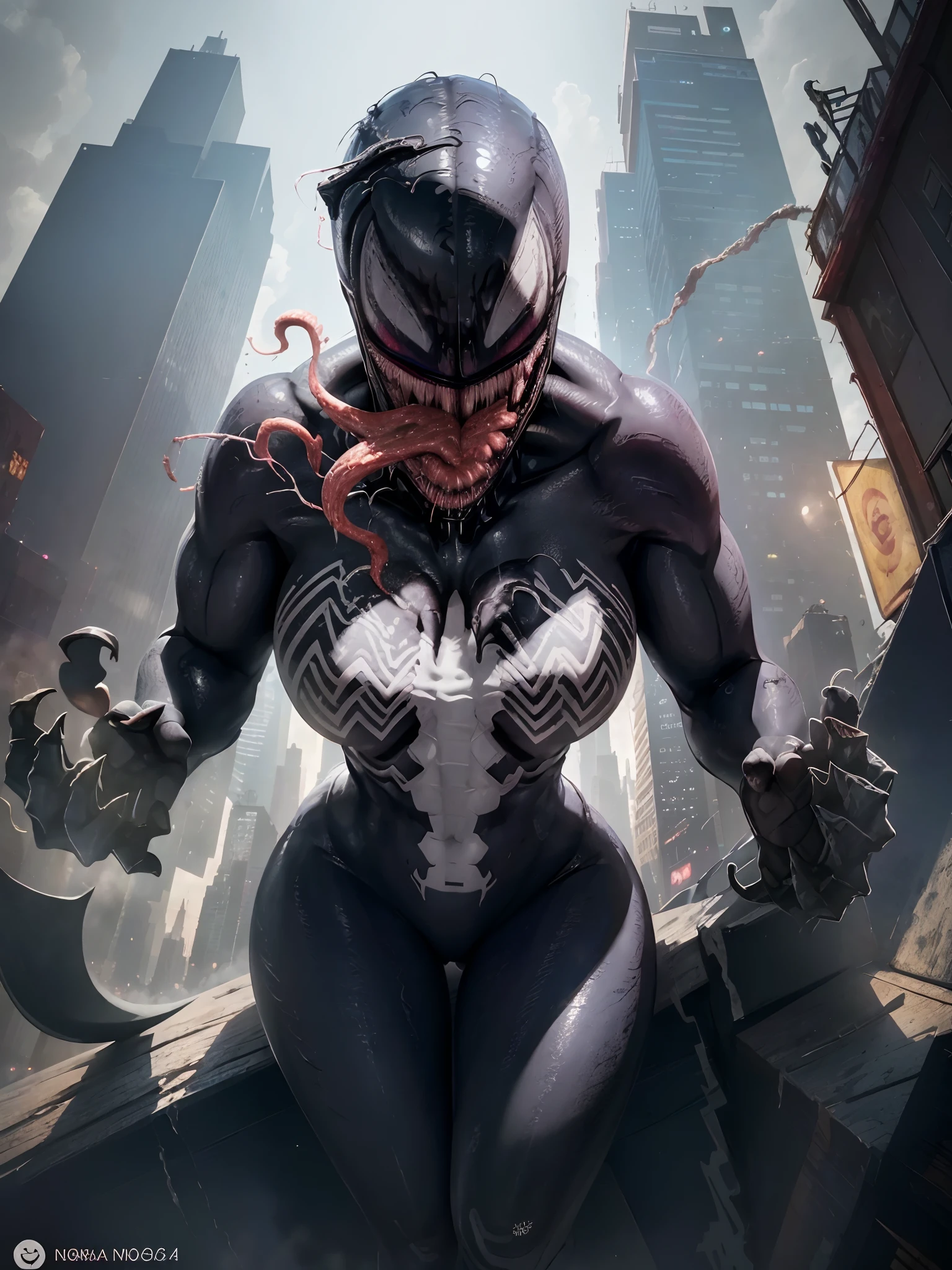 in New York City, (New York: 1.5), (time square: 1.4), Venom female character 25 years old, Black Body: When the symbiote fuses with a host, it usually covers the host's body entirely, creating a black and shiny appearance.
White Eyes: Venom has large, white eyes, often with thin, sharp pupils. These white eyes are a distinguishing feature of the character.
Large, Sharp Jaws: Venom has a mouth full of large, sharp jaws, allowing him to bite and attack his enemies with ferocity.
Long Tongue: Venom has an extremely long and prehensile tongue, which he uses to capture prey or attack enemies from a distance.
Authentic background, (photorealistic: 1.4), (realism: 1.5), (Realisitc: 1.5), (Absurdity: 1.4), 8k, ultra-detailed, detailed, (Viewer facing: 1.2), (bright sunny day: 1.5) , Intricate body details, (One:1.4 only), (Viewer facing:1.3), HD4