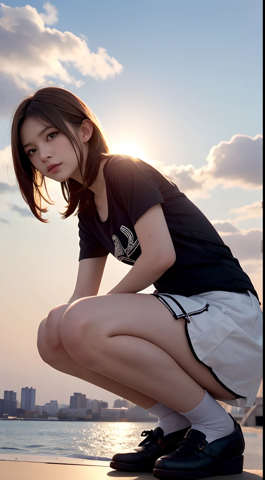 shoot from below:1.5), Front angle, (from below :1.4), (crotch focus:1.2), (low angle:1.2), BREAK, top-quality, ​masterpiece, 16k picture quality, beautiful girl , Medium Bob Hair, plump breasts, big tits, Constricted waist, White T-shirt , Pleated mini-skirt, white panty, Photographed from below, Squatting on the Gulf at evening, Open legs, Looking at the camera, Red sky and beautiful clouds, sun down,