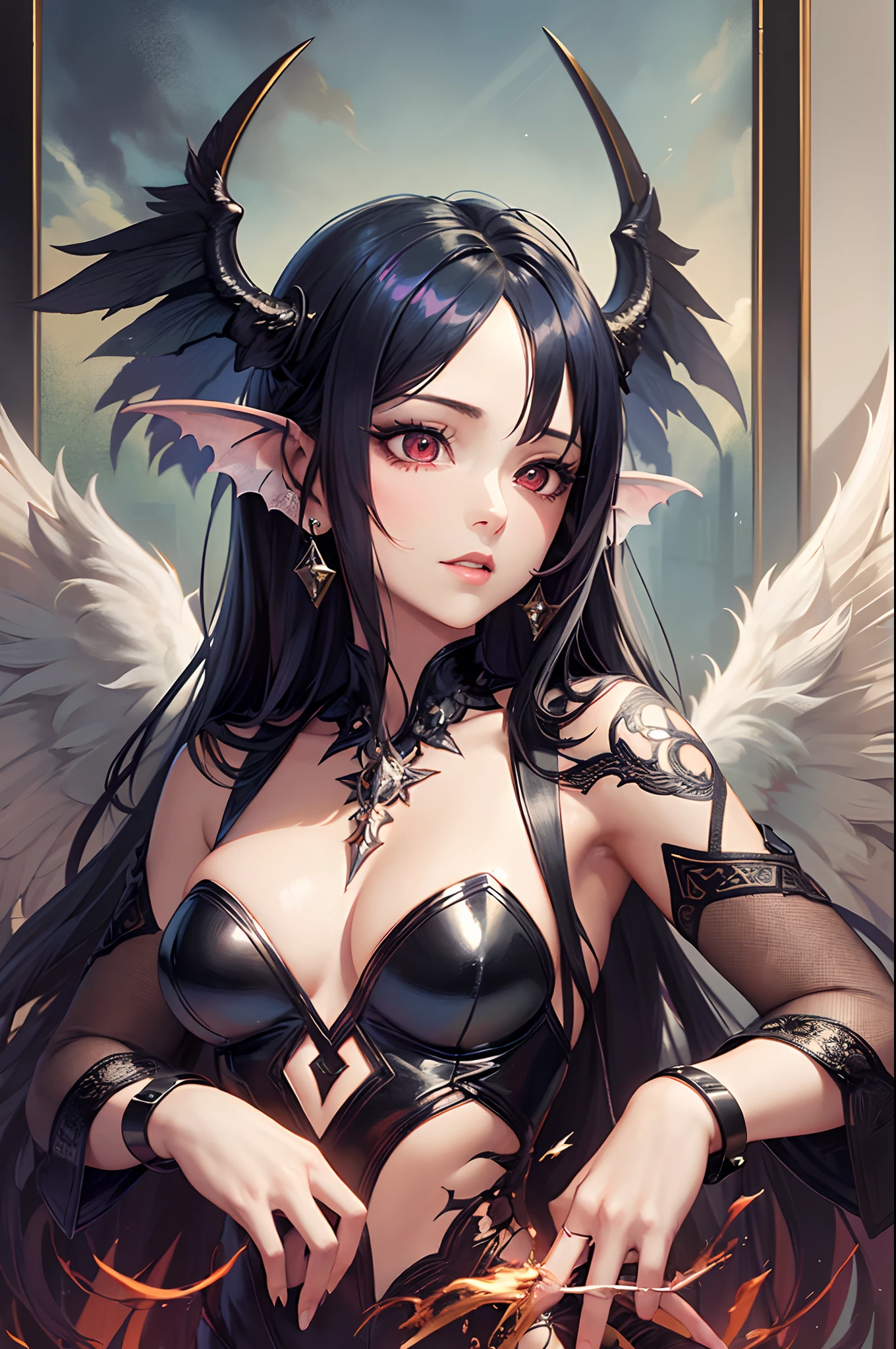 (Finest quality)),(超A high resolution),(ultra-detailliert),(Meticulous portrayal),((best pictures)),(Finest works of art),Ultra-Precision Art,The art of astounding depiction, Fantasyart:1.5, (One Female Fallen Angel with Angel and Devil Wings:1.5),Angel and demon fusion,demonic wings:1.4,the angel's wings:1.4,